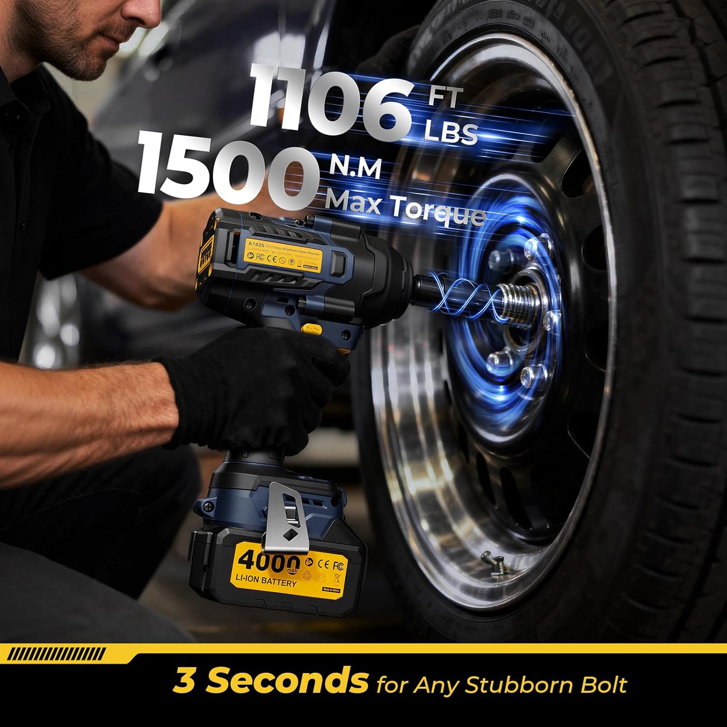 JESIMAIK Cordless Impact Wrench, 1106ft-lbs(1500N.m) 1/2" Brushless Impact Gun, 2×4.0Ah Batteries, 4 Impact Modes, 5 Sockets, 21V High Torque Electric Impact Driver for Truck RV Car Heavy Construction - Image 2