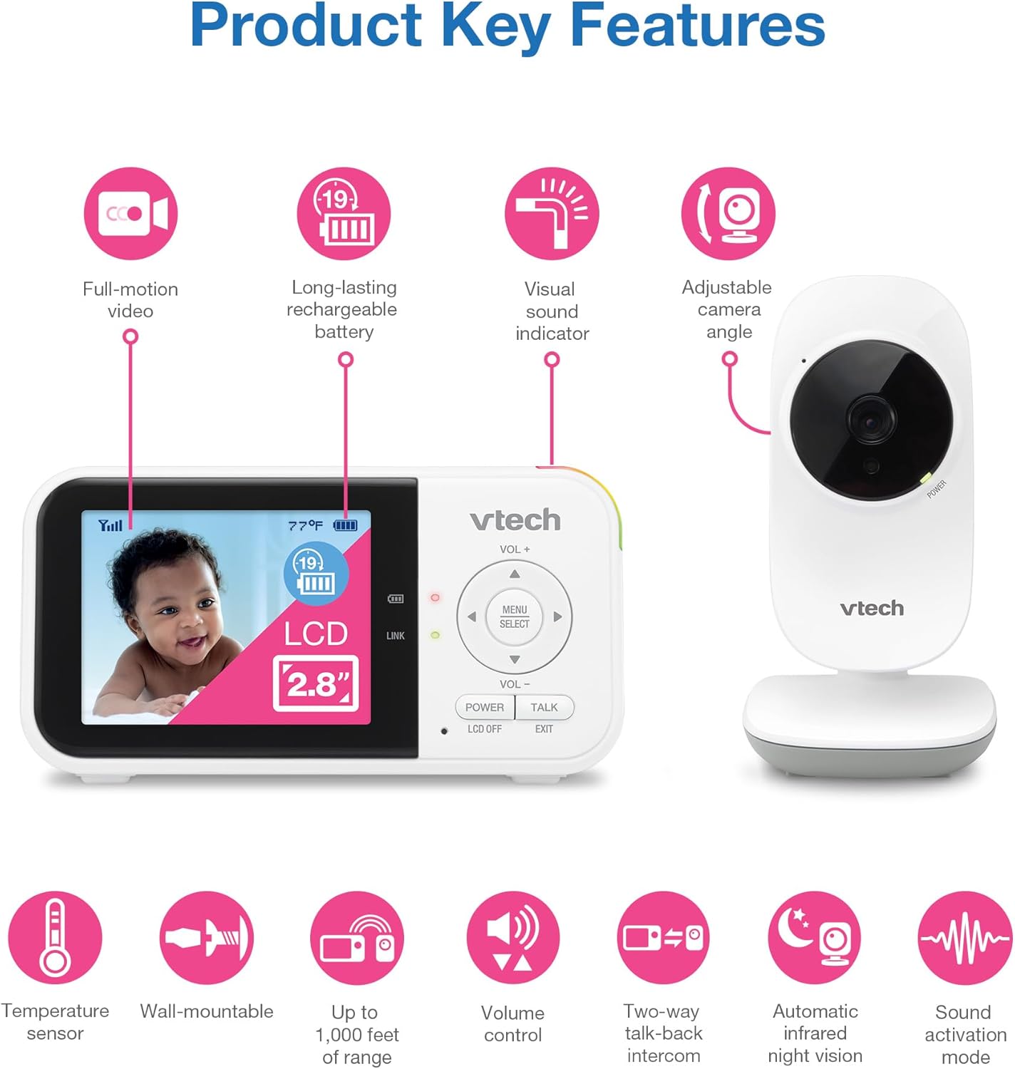 VTech Baby Monitor No WiFi – 19Hr Video Battery, 1000ft Range, Night Vision, Two-Way Talk, Temperature Sensor, Sound-Activated Screen, Lullabies | VM819 - Image 2