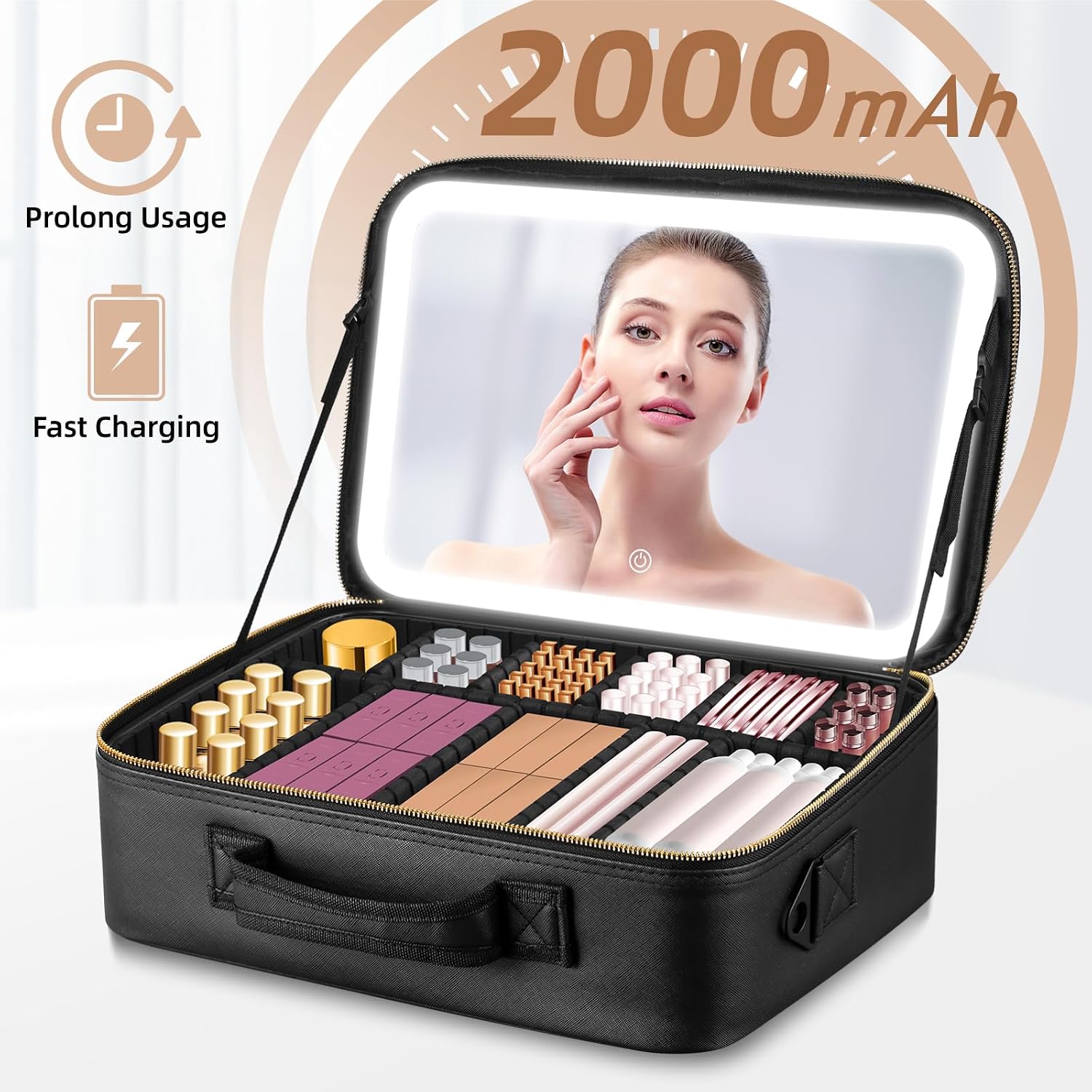 15''X11'' Large Capacity Makeup Bag with LED Mirror, Professional Makeup Case Organizer with 3 Color Light Adjustable Brightness, Travel Make up Cosmetic Case with Detachable Dividers & Shoulder Strap - Image 3
