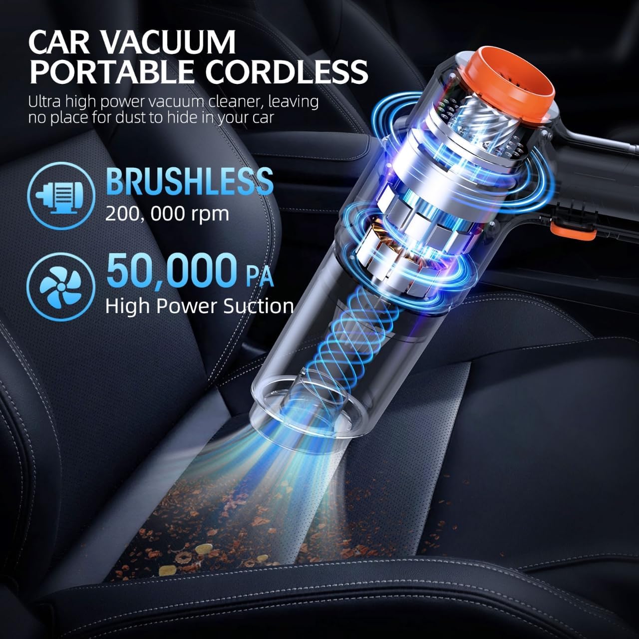 Car Vacuum Portable Cordless, 50000Pa High Power Brushless Motor, Rechargeable Handheld Vacuum with 2 Batteries & Charger, 6-in-1 Vacuum Cleaners for Home, Pet Hair & Keyboard, Ink Black - Image 2