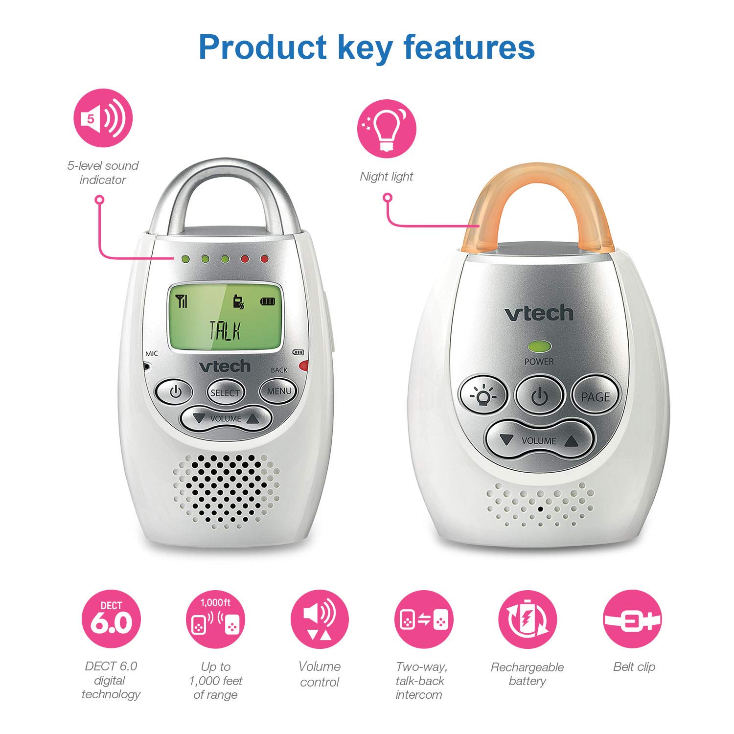VTech Communications DM221 Audio Baby Monitor with up to 1,000 ft of Range, Vibrating Sound-Alert, Talk Back Intercom & Night Light Loop, White/Silver - Image 8