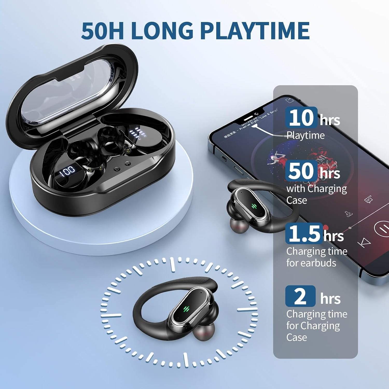 Wireless Earbuds, 2026 Bluetooth 5.4 Headphones Sport, 60Hrs HiFi Stereo Deep Bass Over-Ear buds with ENC Noise Cancelling Mic, IP7 Waterproof & LED Display Earphones with Earhooks for Workout/Running - Image 6