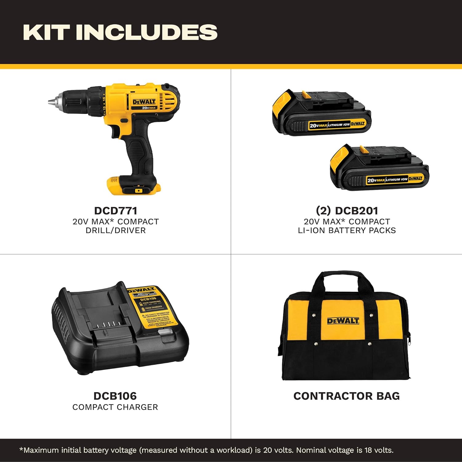 DEWALT 20V Max Cordless Drill Driver Set, 2 Speed, High Performance Motor, Includes 2 XR 1.3Ah Li-Ion Batteries, Charger and Contractor Bag (DCD771C2) - Image 2