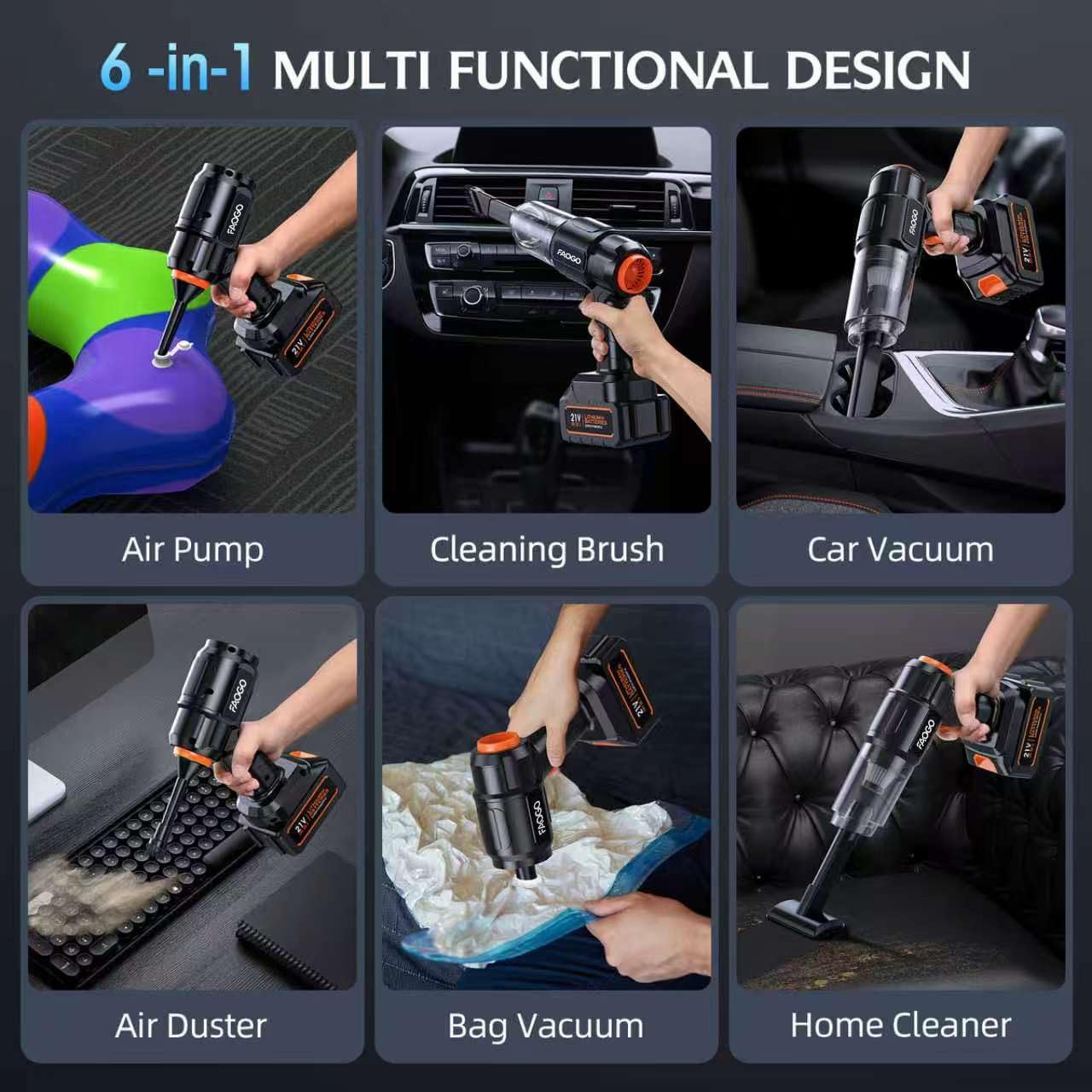 Car Vacuum Portable Cordless, 50000Pa High Power Brushless Motor, Rechargeable Handheld Vacuum with 2 Batteries & Charger, 6-in-1 Vacuum Cleaners for Home, Pet Hair & Keyboard, Ink Black - Image 5
