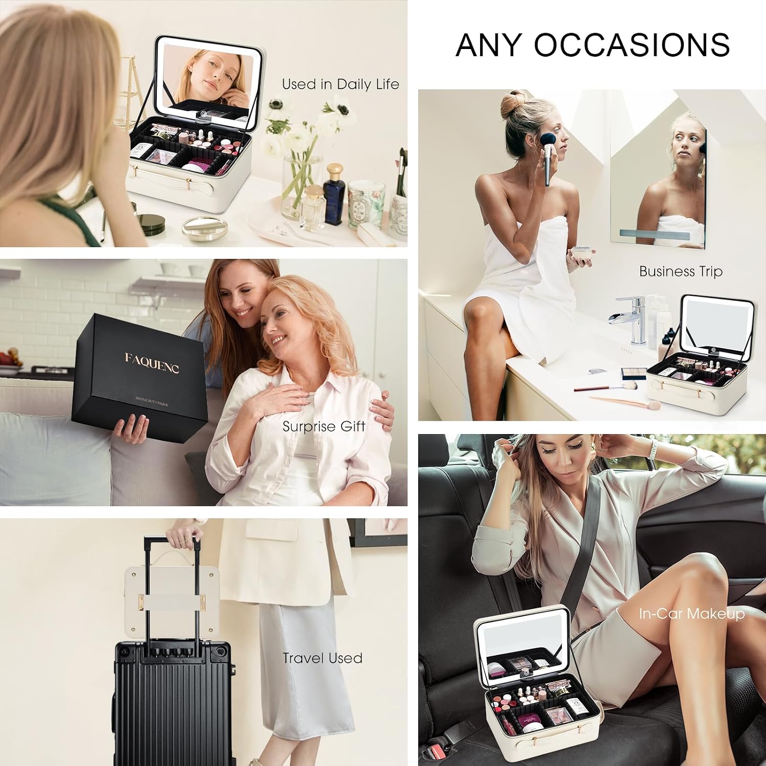 Faquenc Leather Makeup Case with LED Lighted Mirror 11.4 Inch Travel Makeup Bag Adjustable Brightness in 3 Colors Cosmetic Organizer Artist Storage Bag with Dividers Brush Holder Bag Vanity White - Image 8