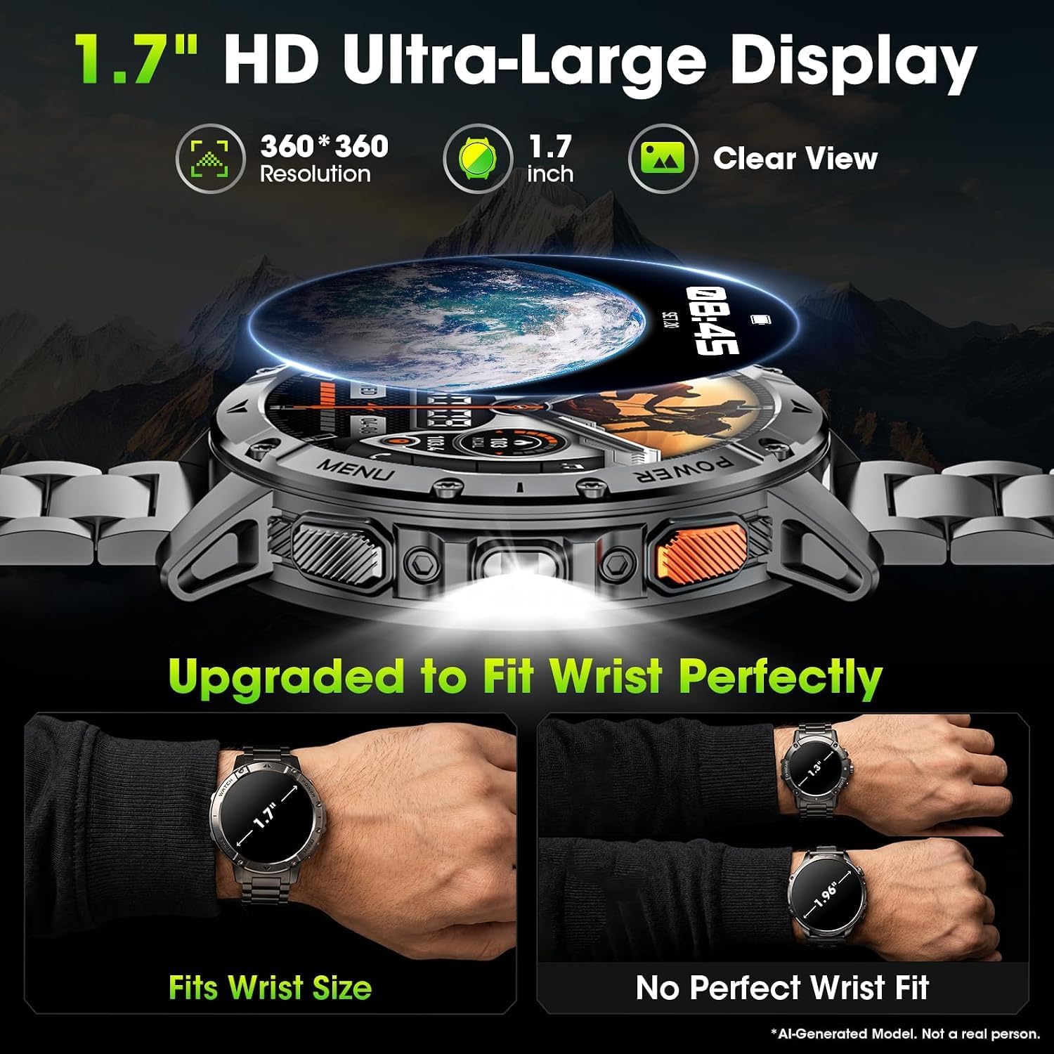 Military Smart Watches for Men, 1.7" HD Smart Watch with Two Flashlights/1400mAh/110+ Sports Modes Fitness Tracker Watch, Waterproof Mens Smart Watch for Android Phones iPhone Compatible(2 Strap) - Image 4