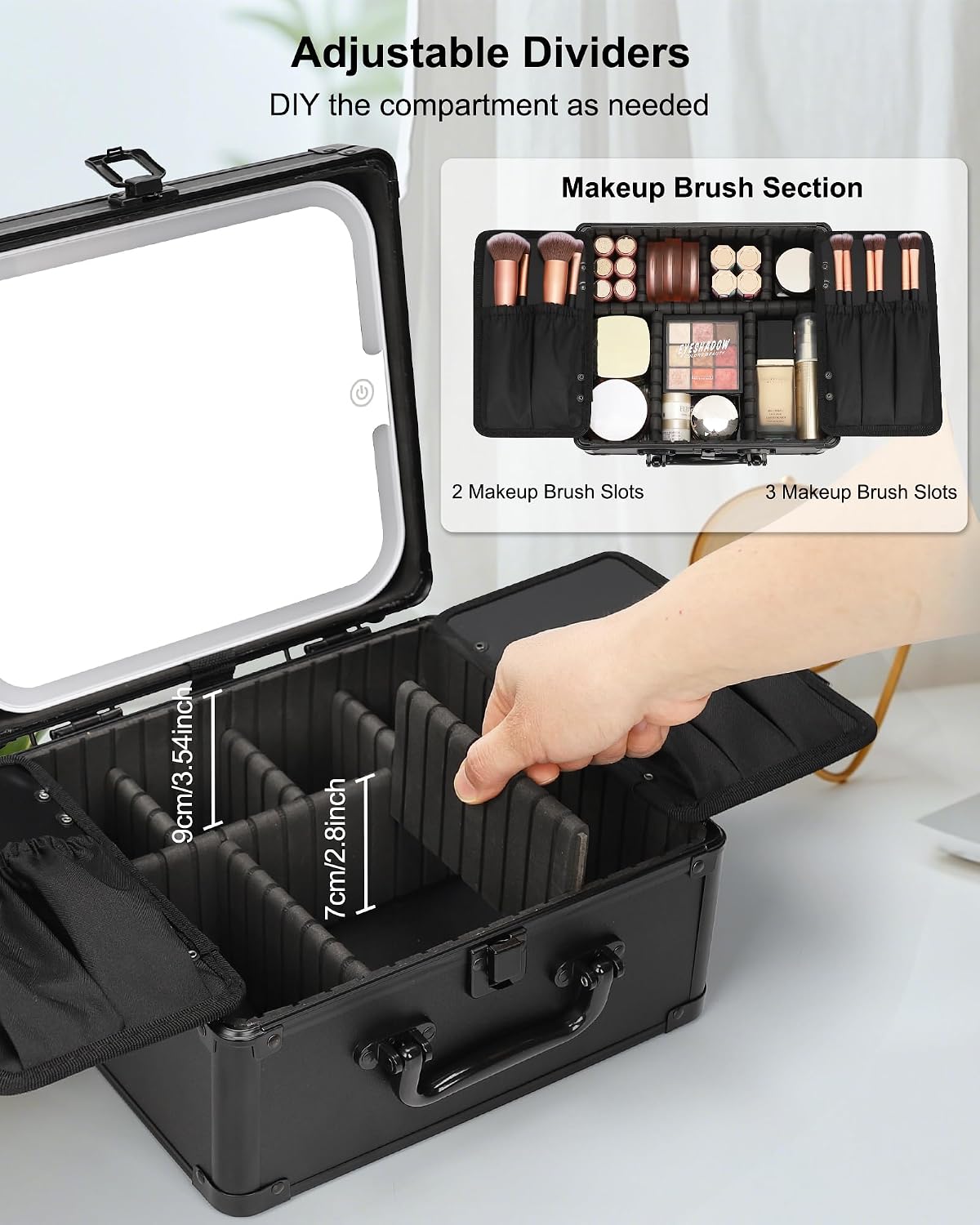 Relavel Makeup Bag with LED Mirror, Makeup Box Travel Train Case with Rechargeable Lighted Mirror & Adjustable Dividers, Cosmetic Brush Organizer Storage for Makeup Artists Gifts for Women and Girls - Image 2