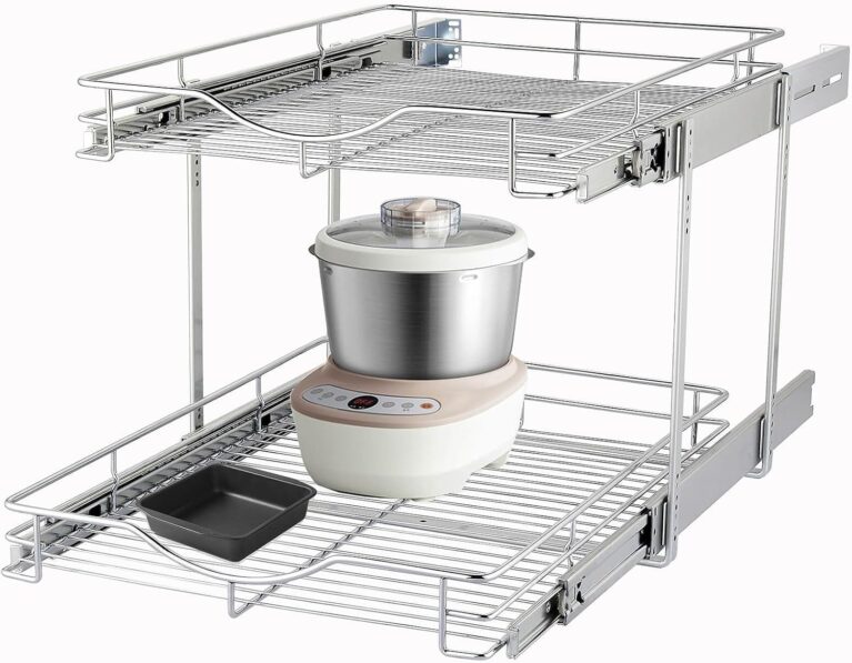 DINDON 2 Tier Pull Out Cabinet Organizer (14" W X 18" D), Double Tier Wire Basket Slide Out Shelf Storage for Kitchen Base Cabinet Organization ​for Kitchen, Pantry, Bathroom, Chrome