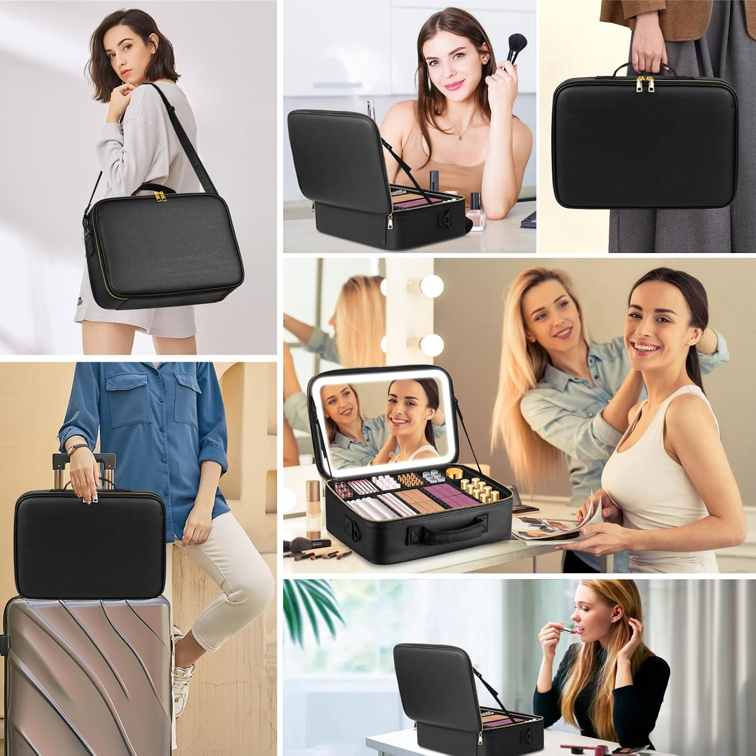 15''X11'' Large Capacity Makeup Bag with LED Mirror, Professional Makeup Case Organizer with 3 Color Light Adjustable Brightness, Travel Make up Cosmetic Case with Detachable Dividers & Shoulder Strap - Image 7