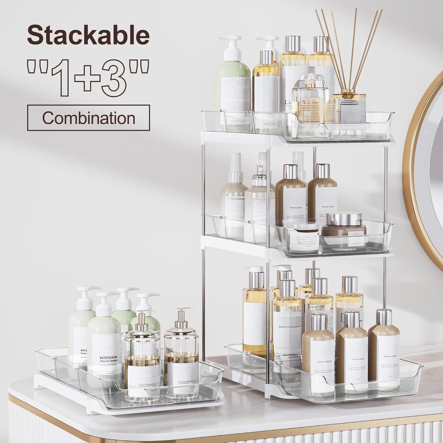 Delamu 2-Tier Multi-Purpose Bathroom Under Sink Organizers and Storage, Stackable Kitchen Pantry Organization, Pull Out Medicine Cabinet Organizer with Movable Dividers, White, 2 Pack - Image 3