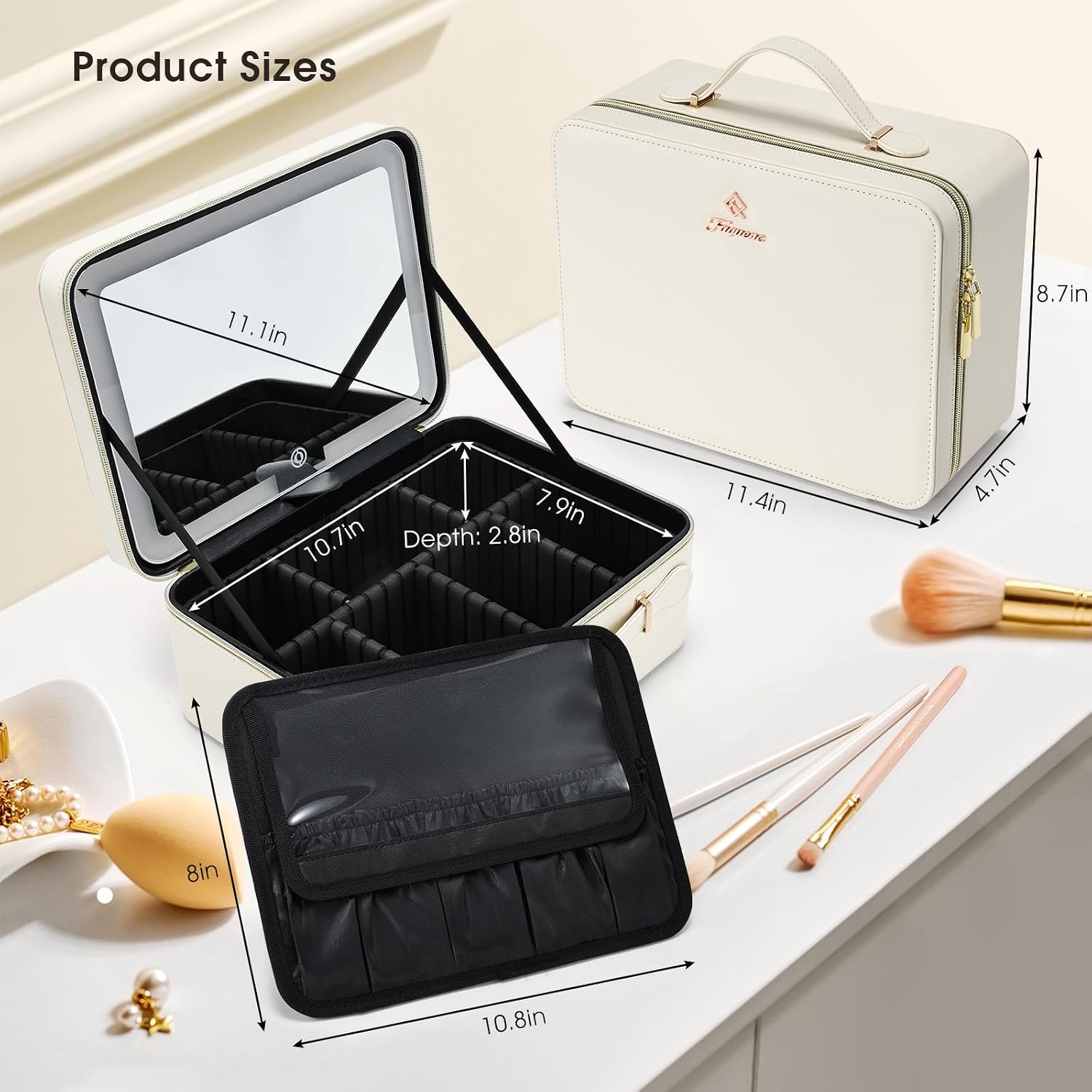 Faquenc Leather Makeup Case with LED Lighted Mirror 11.4 Inch Travel Makeup Bag Adjustable Brightness in 3 Colors Cosmetic Organizer Artist Storage Bag with Dividers Brush Holder Bag Vanity White - Image 9