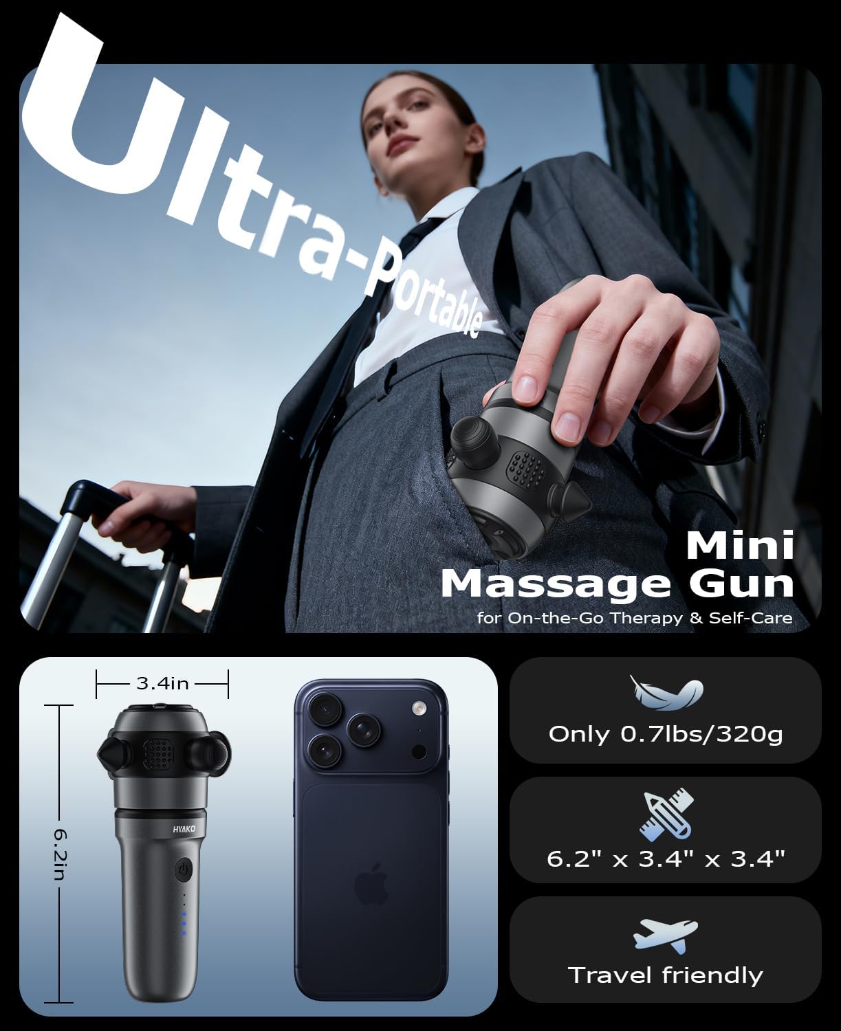 HYAKO R1 Mini Therapy Massager - Travel Deep Tissue Vibration Massage Gun - Image 4