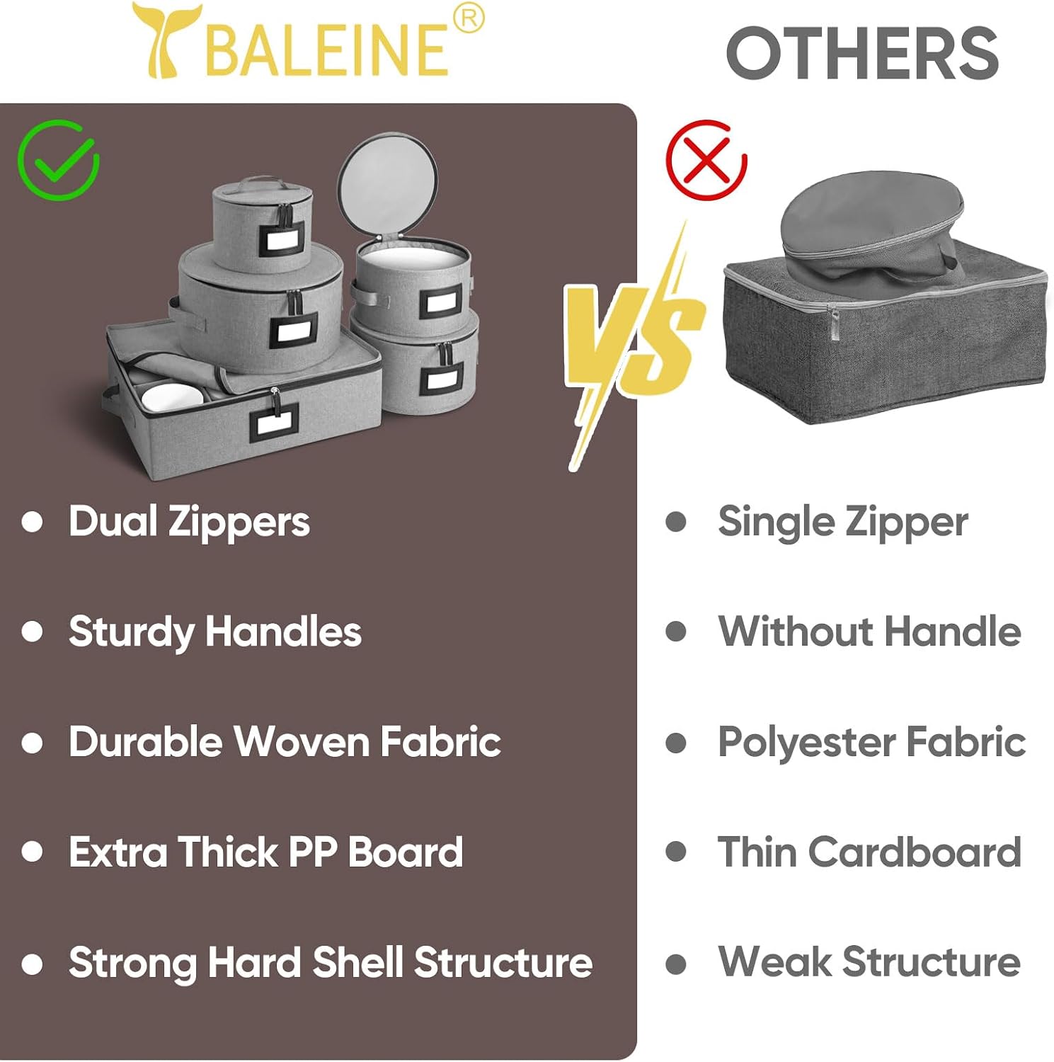 BALEINE China Storage Containers, Sturdy Quilted Wine Glass Storage, Plate Organizer with Carry Handles, Moving Boxes for Dishes, Cups, Mugs and Stemware (Plate Mug Combo, Hard Shell Grey) - Image 6