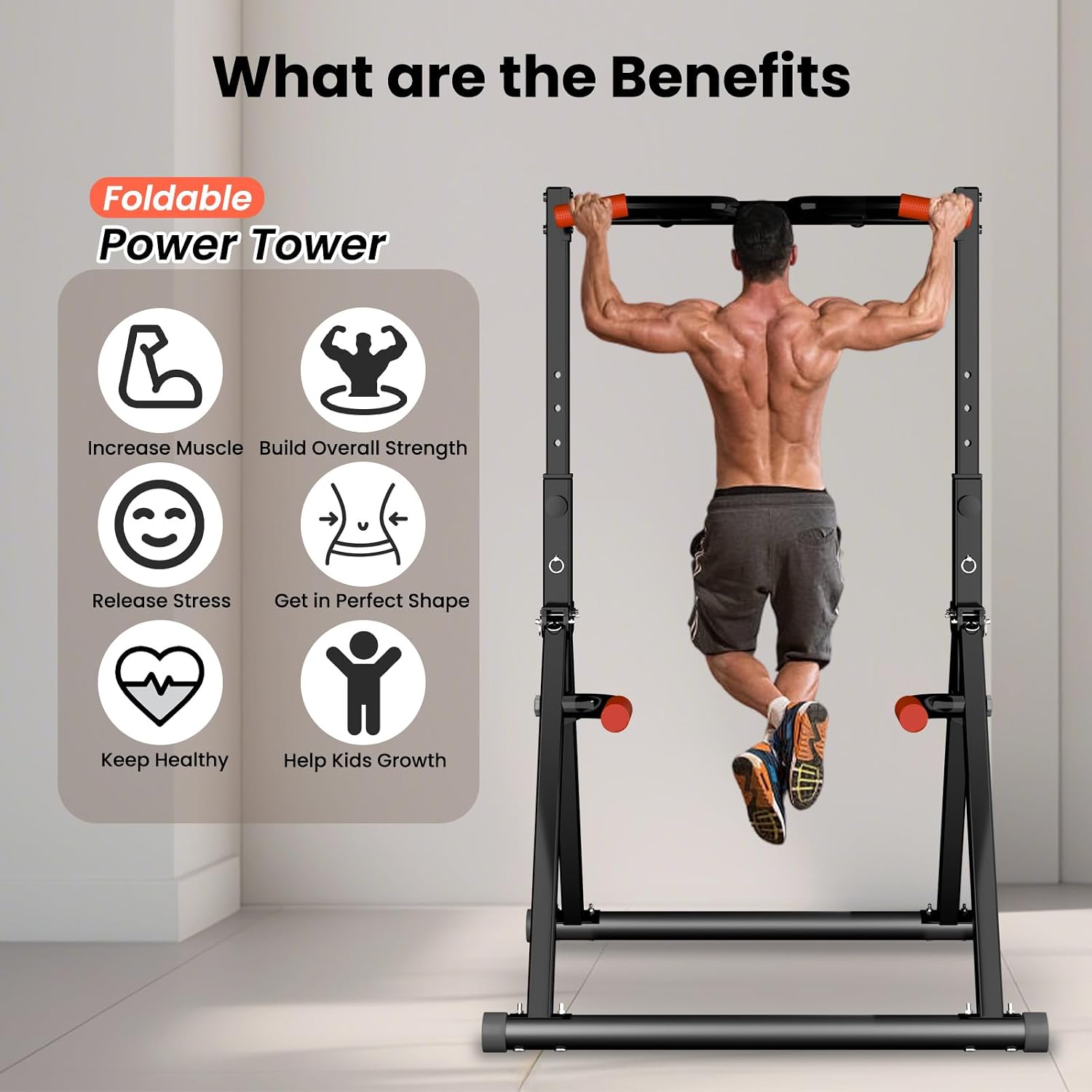 WATBKHE Power Tower Pull Up Dip Station Foldable, Pull Up Bar Station Adjustable, Multi-Function Home Gym, Strength Training Fitness Equipment, Triangular Design, for Home Outdoor - Image 9