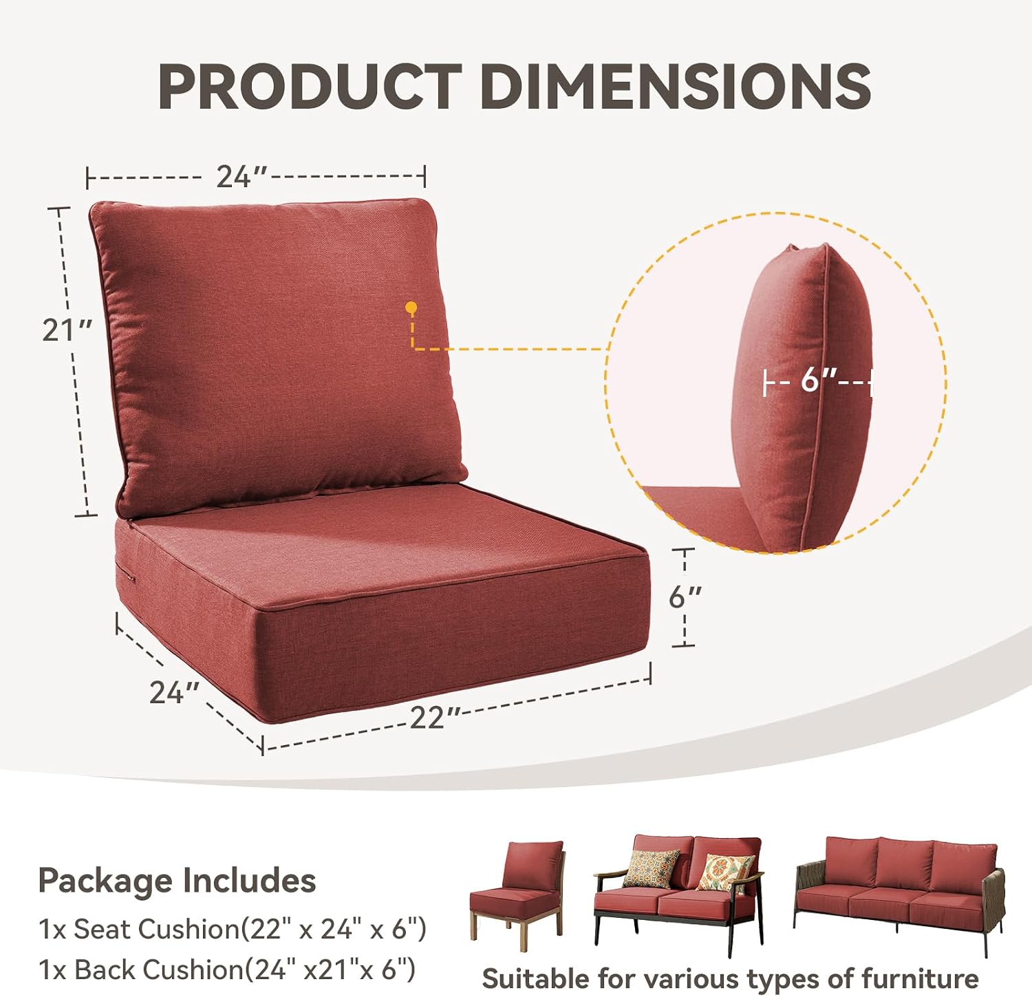 6" Thick Outdoor Chair Cushions - 22"* 24" Patio Furniture Cushions with Water Resistant & Removable Cover, 28D High Density Sponge Patio Cushion for Outdoor Furniture Couch Chair Red - Image 2