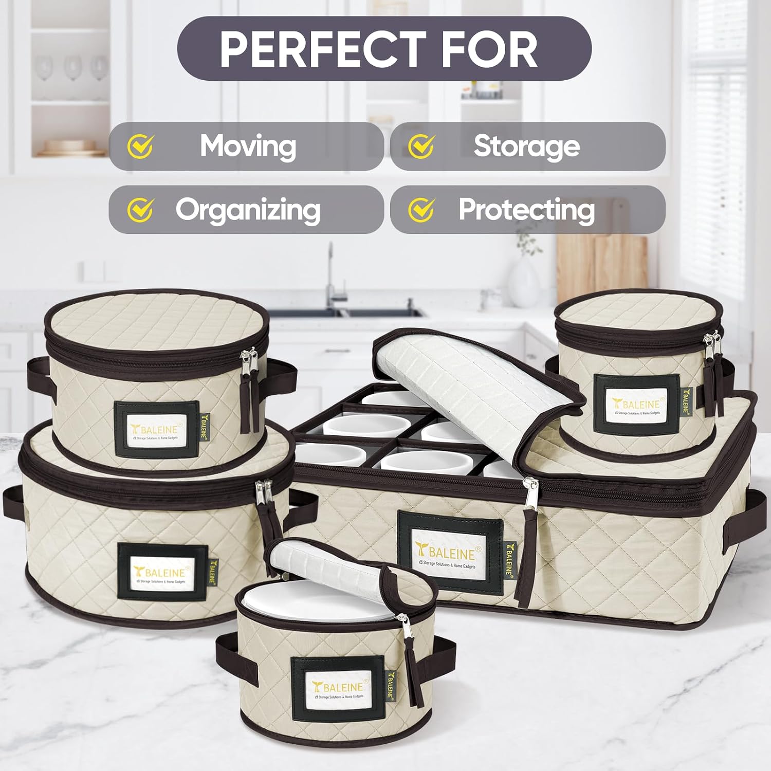 BALEINE China Storage Containers, Sturdy Quilted Wine Glass Storage, Plate Organizer with Carry Handles, Moving Boxes for Dishes, Cups, Mugs and Stemware (Plate Mug Combo, Soft Shell Cream) - Image 7