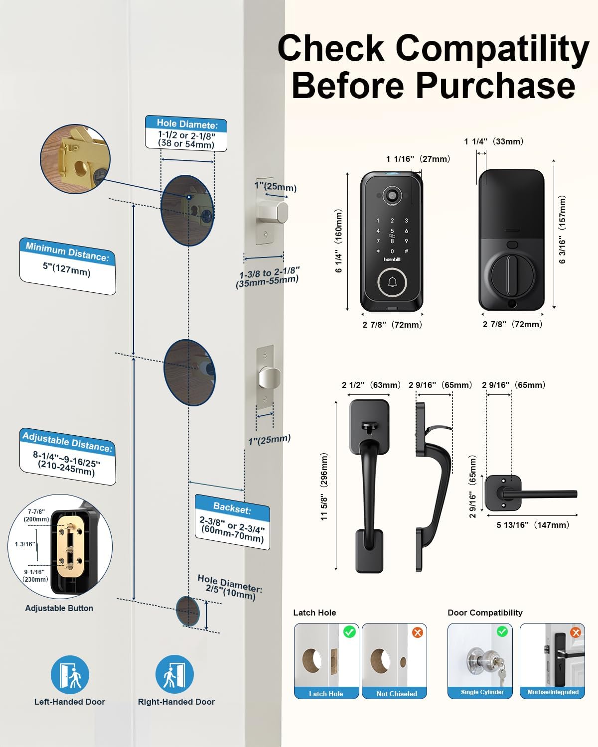 Smart Front Door Lock Sets: 2K HD Camera Lock with Doorbell Kits, Hornbill Fingerprint Keyless Entry Door Lock with Handles, WiFi Deadbolt(only 2.4G) for Remote Control, Free APP/Alexa/PIR, Black - Image 8