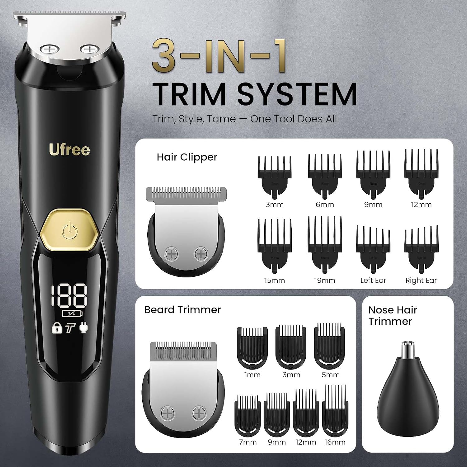 Ufree 3-in-1 Beard Trimmer for Men, IPX6 Waterproof Electric Razor - Image 5