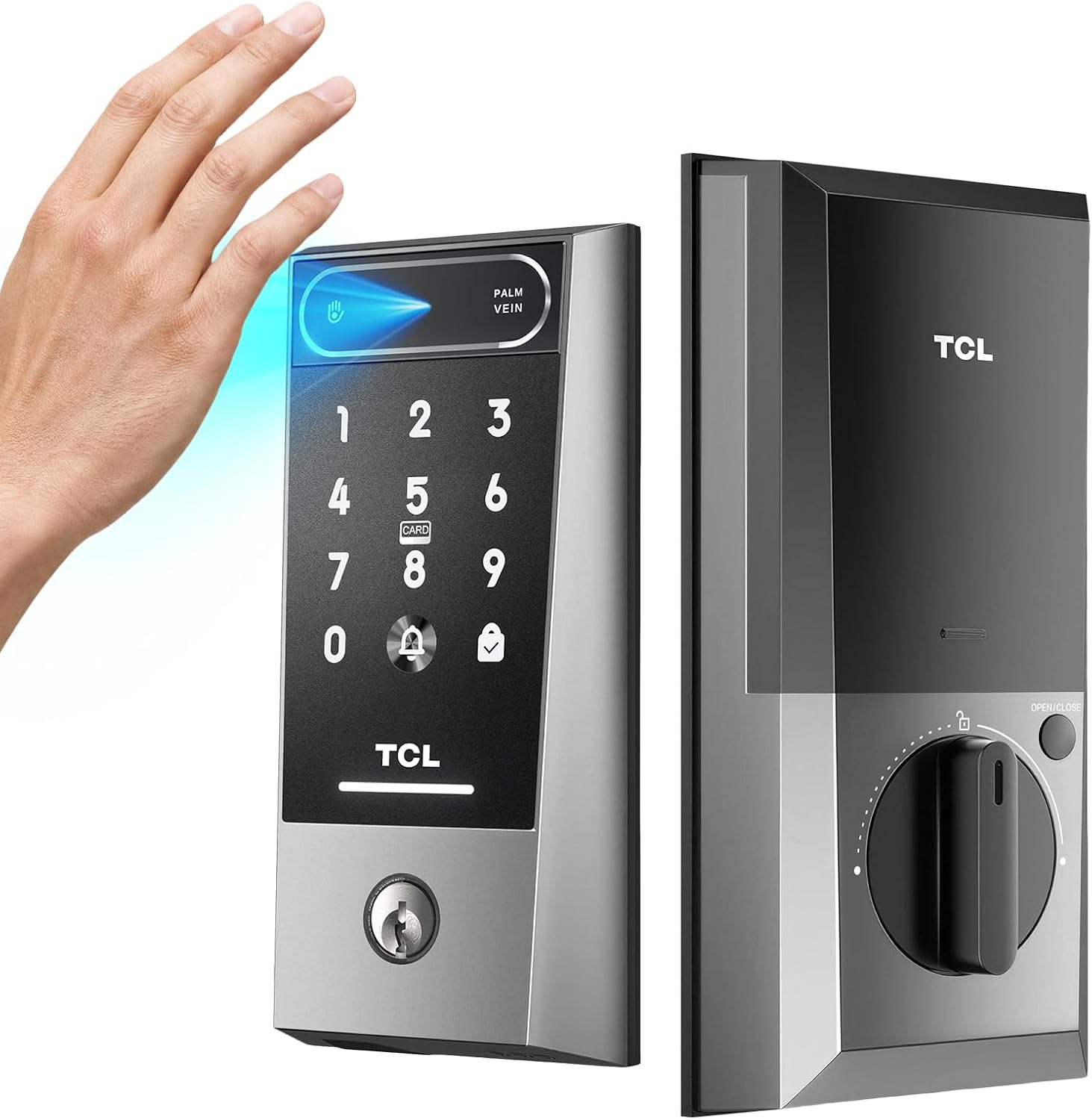 TCL Smart Lock D2 Pro, Palm Vein Keyless Entry Deadbolt, Wi-Fi Keypad Door Lock, Built-in Doorbell, 8-Month Battery, App & Voice Control, Works with Alexa & Google Home, Easy Install for Front Door