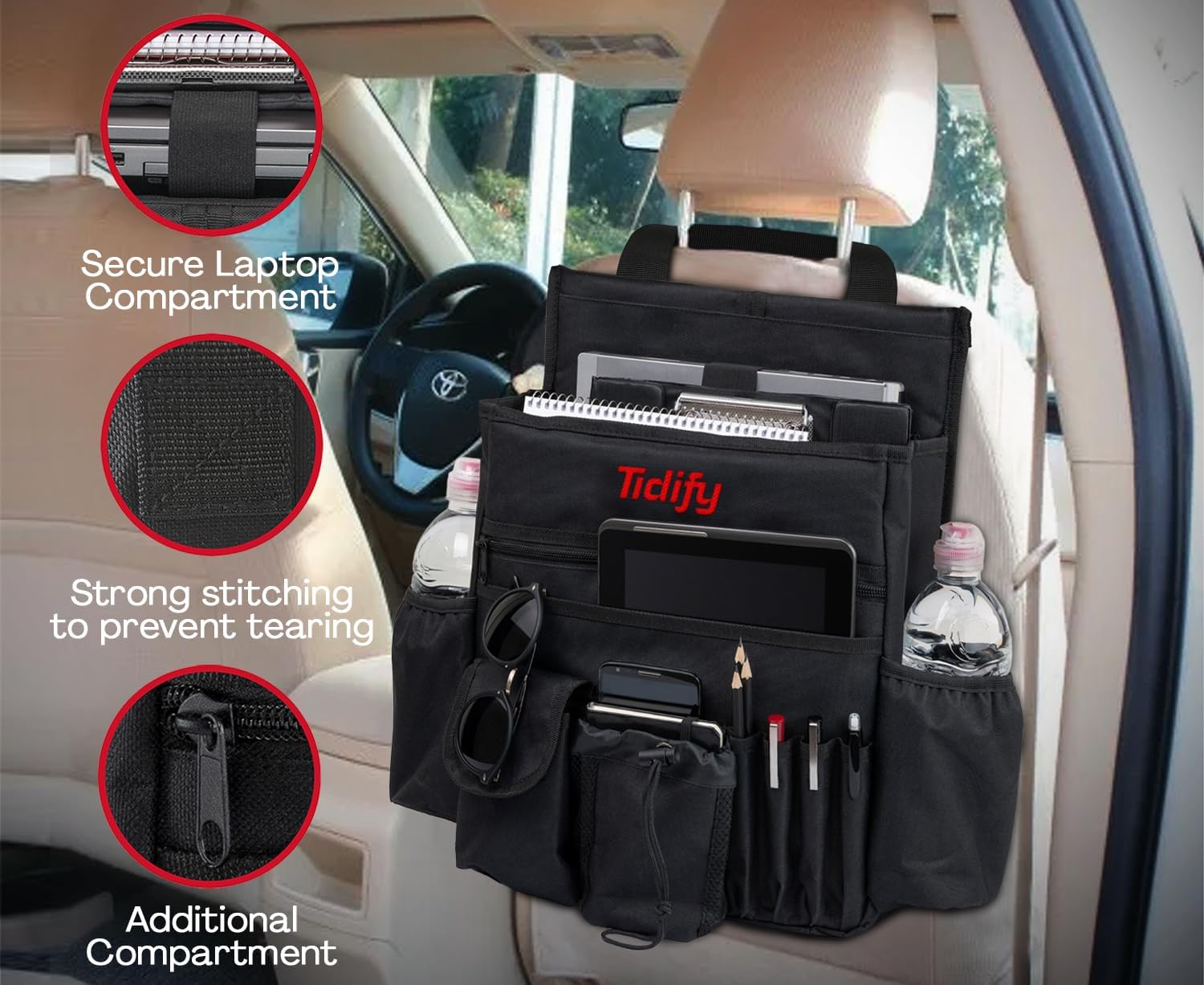 Tidify Back Seat Car Organizer with Dedicated Tablet and Laptop Storage Stabilizing Side Straps Soft Adjustable Shoulder Strap and Hardened Buckles Your Office Away from Office - Image 3