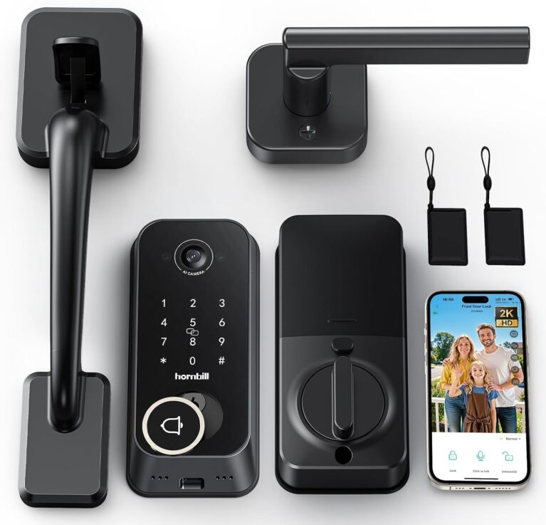 Smart Front Door Lock Sets: 2K HD Camera Lock with Doorbell Kits, Hornbill Fingerprint Keyless Entry Door Lock with Handles, WiFi Deadbolt(only 2.4G) for Remote Control, Free APP/Alexa/PIR, Black