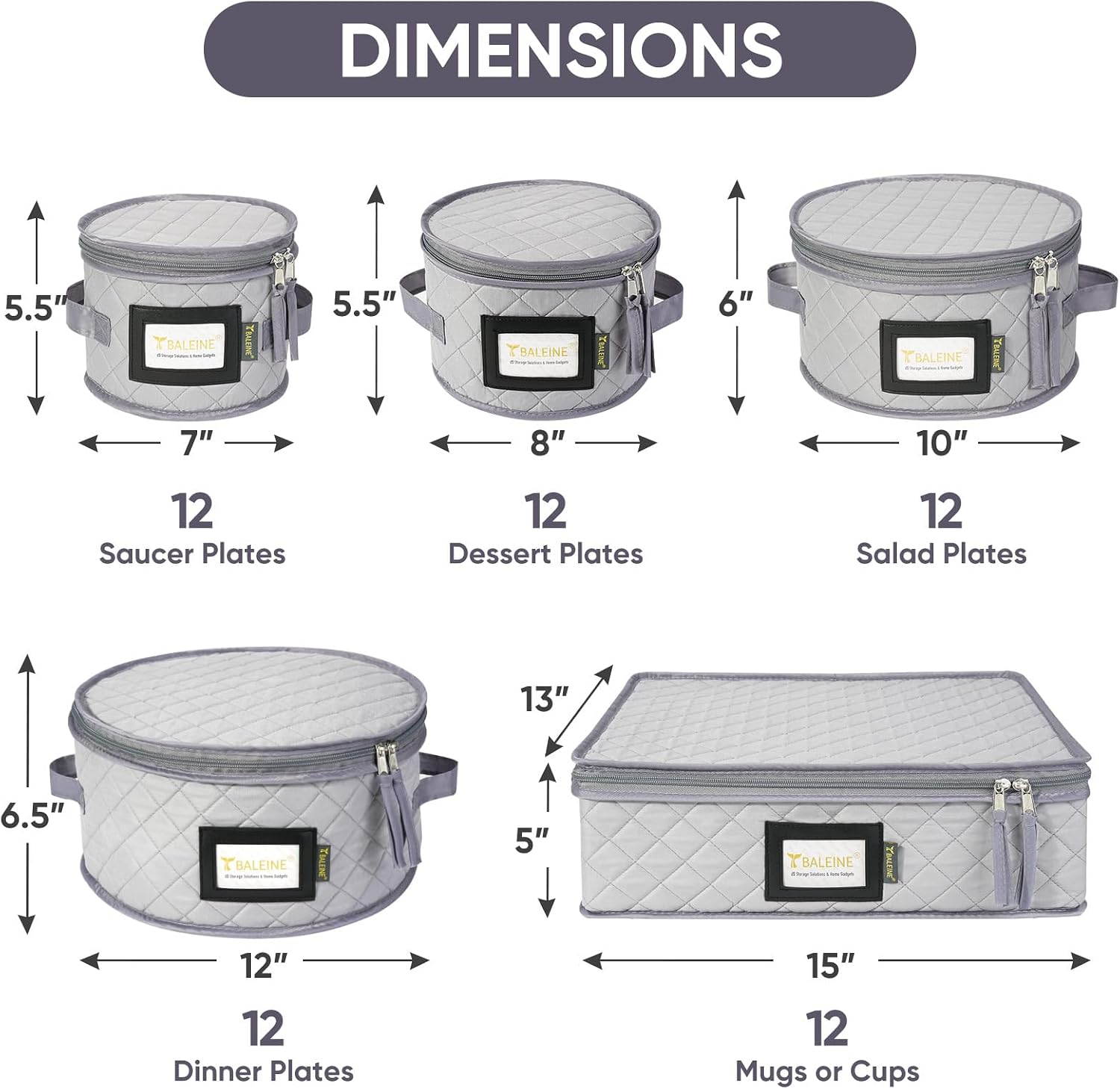 BALEINE China Storage Containers, Sturdy Quilted Wine Glass Storage, Plate Organizer with Carry Handles, Moving Boxes for Dishes, Cups, Mugs and Stemware (Plate Mug Combo, Soft Shell Grey) - Image 4
