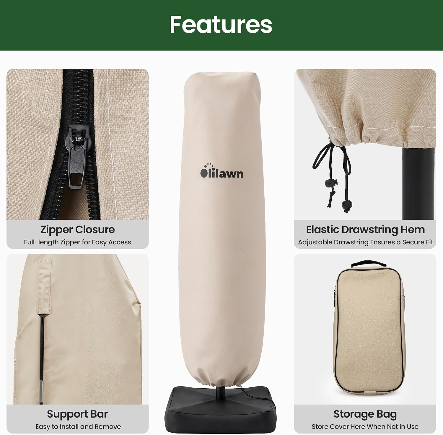 OLILAWN 600D Waterproof Umbrella Cover for 7-12ft Cantilever Umbrellas OL-HT039 OL-HT040, UV Resistant Fade Resistant Outdoor Parasol Cover for Patio, Includes Rod and Storage Bag, Beige - Image 4