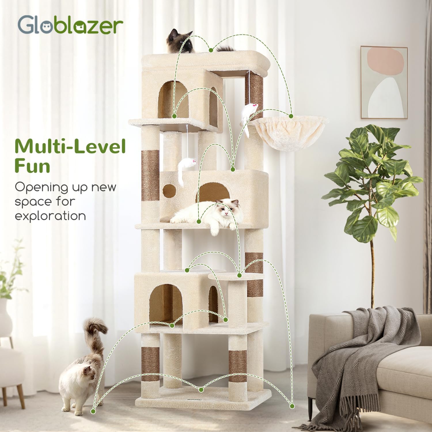 Globlazer F66 Corner Cat Tree, 66in Multi-Level Climbing Tower, Beige - Image 7