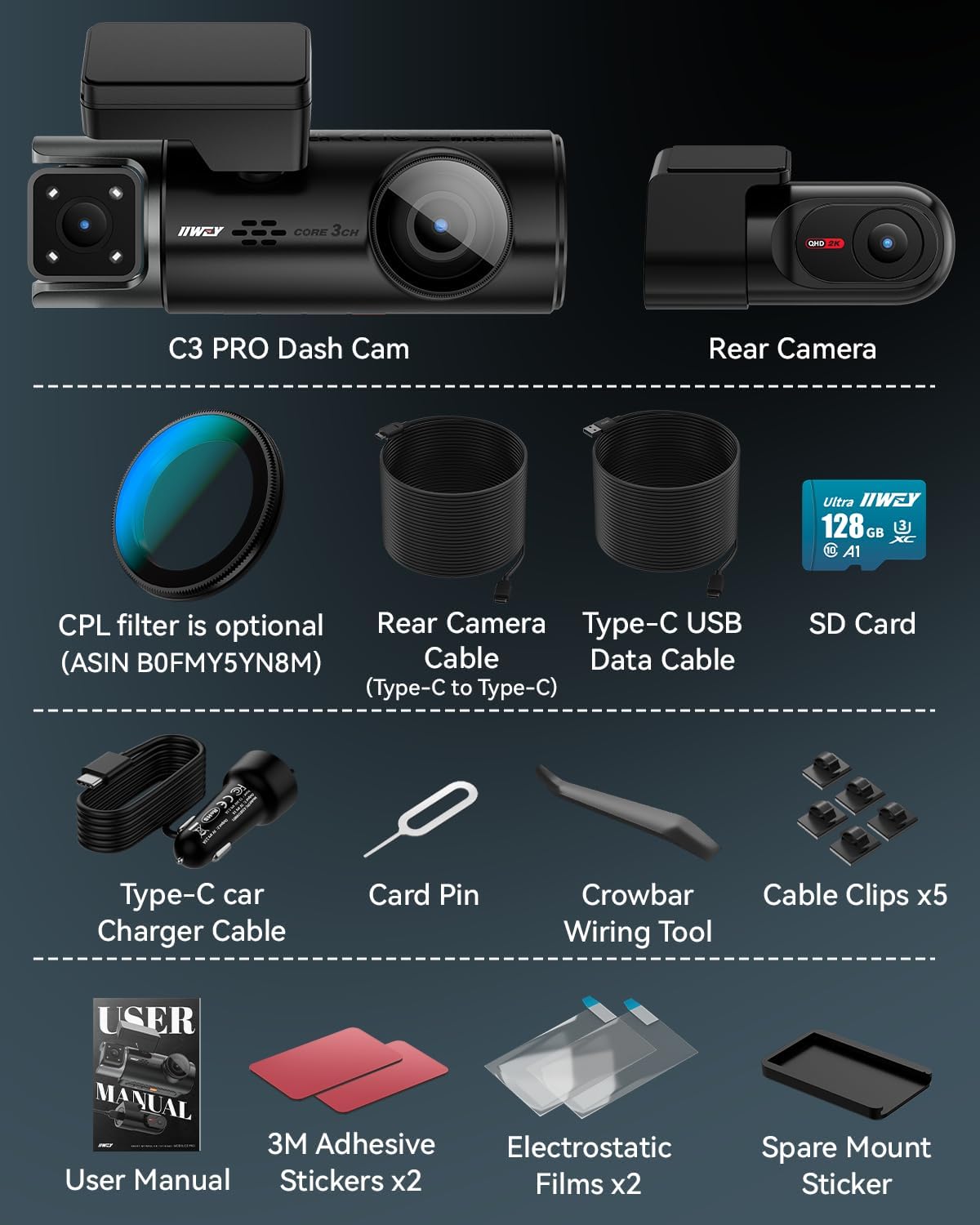 IIWEY 4K Dash Cam 3 Channel, Triple STARVIS 2 Sensors (IMX678 Front, IMX675 Cabin & Rear), 4K+2K+1080P HDR, Night Vision 3.0, PlateTag AI for Plate Clarity, 5GHz WiFi, GPS, Parking Mode, 128GB Card In - Image 8