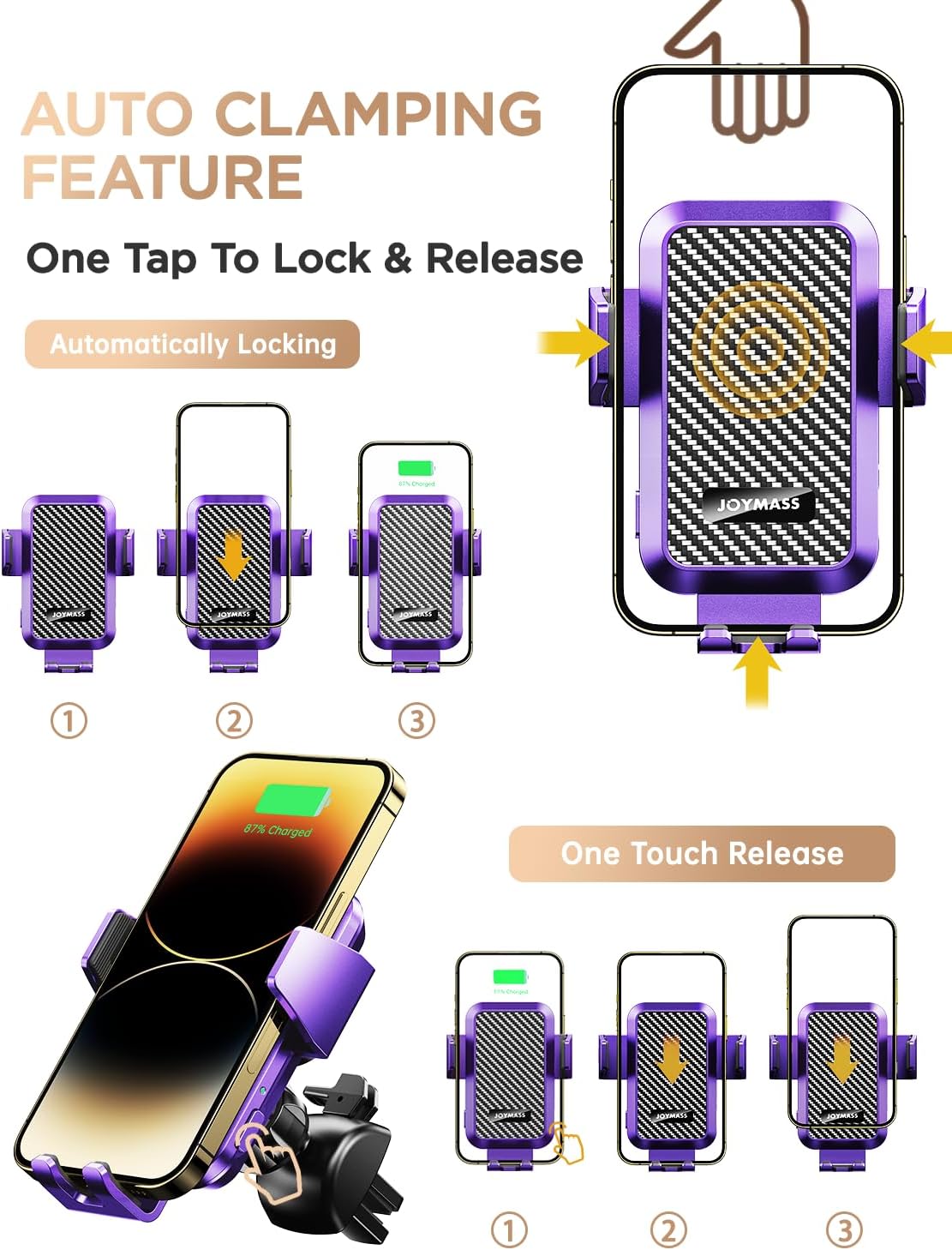 JOYMASS Wireless Car Charger, Phone Holders for Your Car, 15W Auto Clamping Phone Mount Car Accessories for iPhone 16 15 14 13 12 Mini Pro Max, Samsung Galaxy S24 Ultra S23 S22+ Note 20, etc - Purple - Image 4
