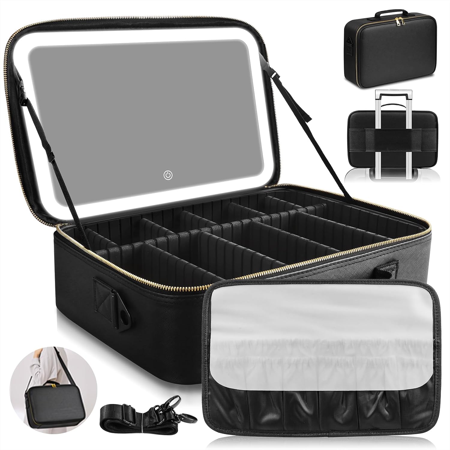 15''X11'' Large Capacity Makeup Bag with LED Mirror, Professional Makeup Case Organizer with 3 Color Light Adjustable Brightness, Travel Make up Cosmetic Case with Detachable Dividers & Shoulder Strap