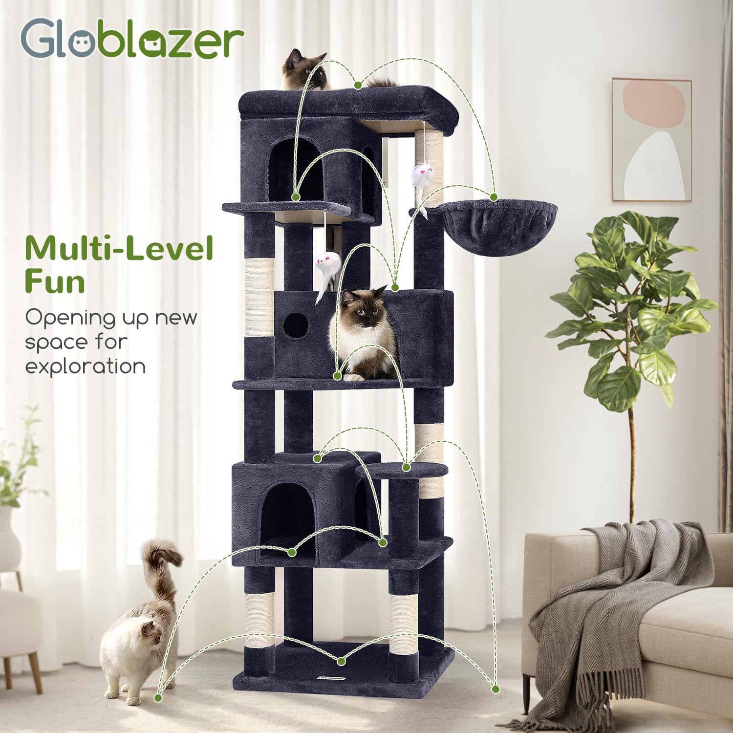 Globlazer F66 Corner Cat Tree, 66in Multi-Level Climbing Tower, Dark Grey - Image 7