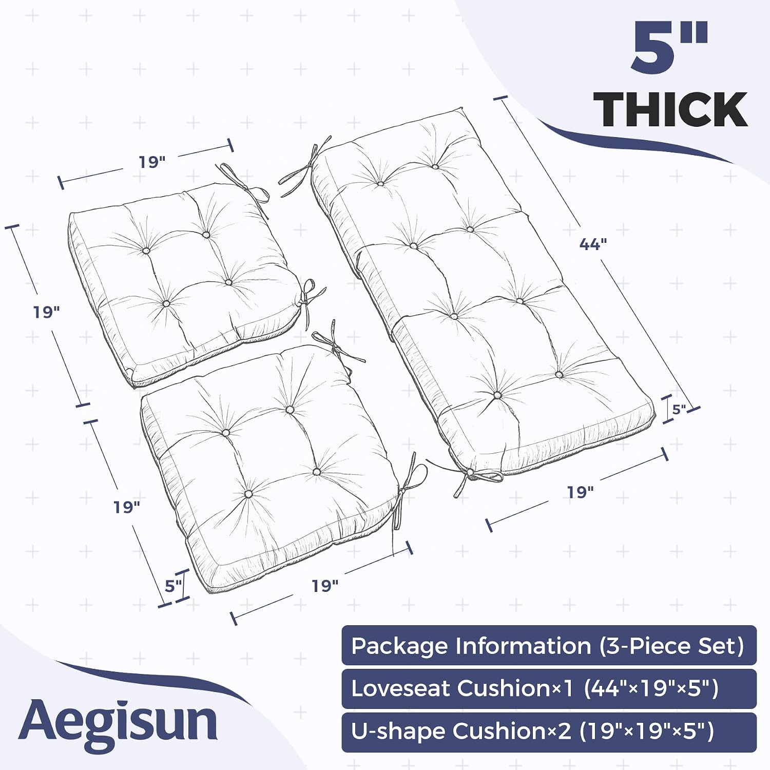 Wicker Chair Cushions of 3 Pieces, Waterproof Cushions for Patio Furniture, Tufted Wicker Outdoor Furniture Cushions, 1 Patio Loveseat Cushion and 2 U-Shaped Cushions, 44"x19"x5", Navy Blue - Image 2