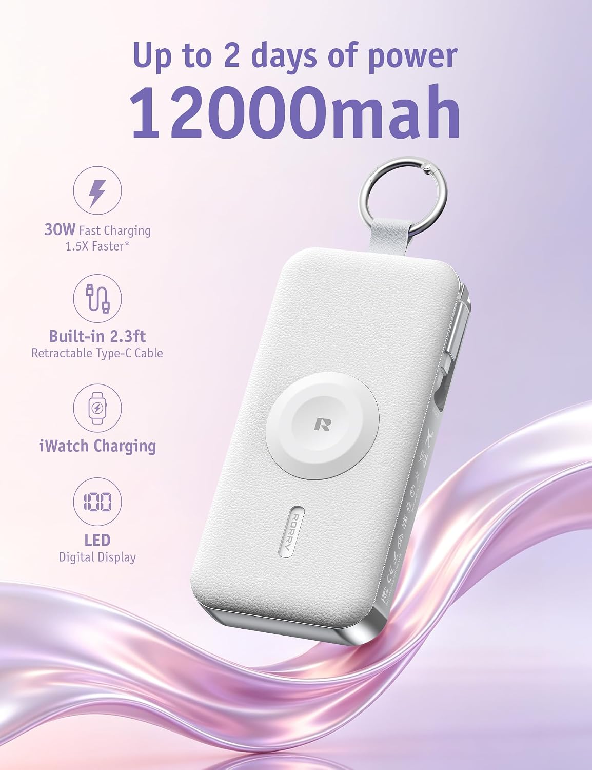 RORRY CharmGo Portable Charger 3 in 1 iPhone Power Bank for Apple 12000mAh - Image 2