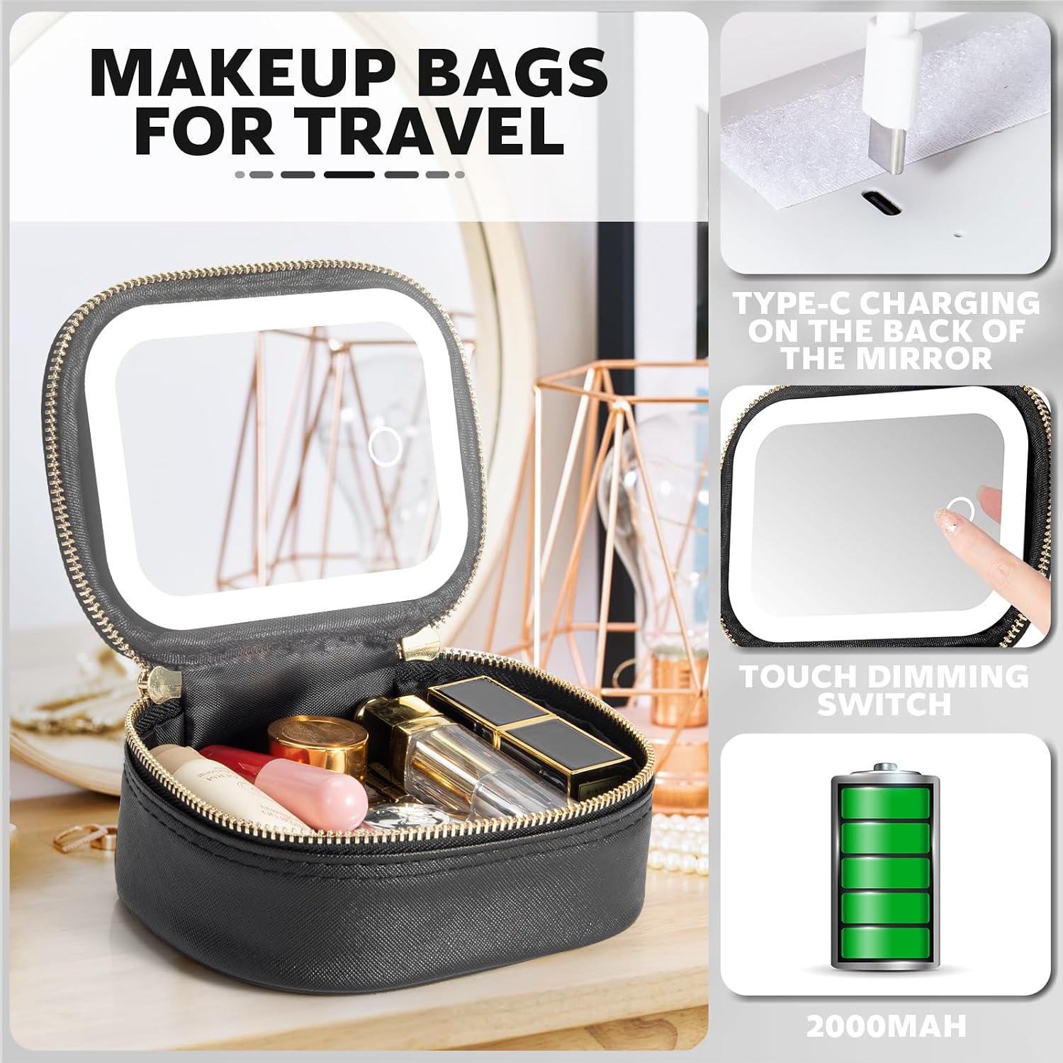 Mini Makeup Bag with Led Mirror, Small Travel Make up Bag 3 Light Modes Adjustable Brightness, for Women Organizer Cosmetic Bag, Portable Travel Train Toiletry Bag, for Pool Parties Work Touch-Ups - Image 3