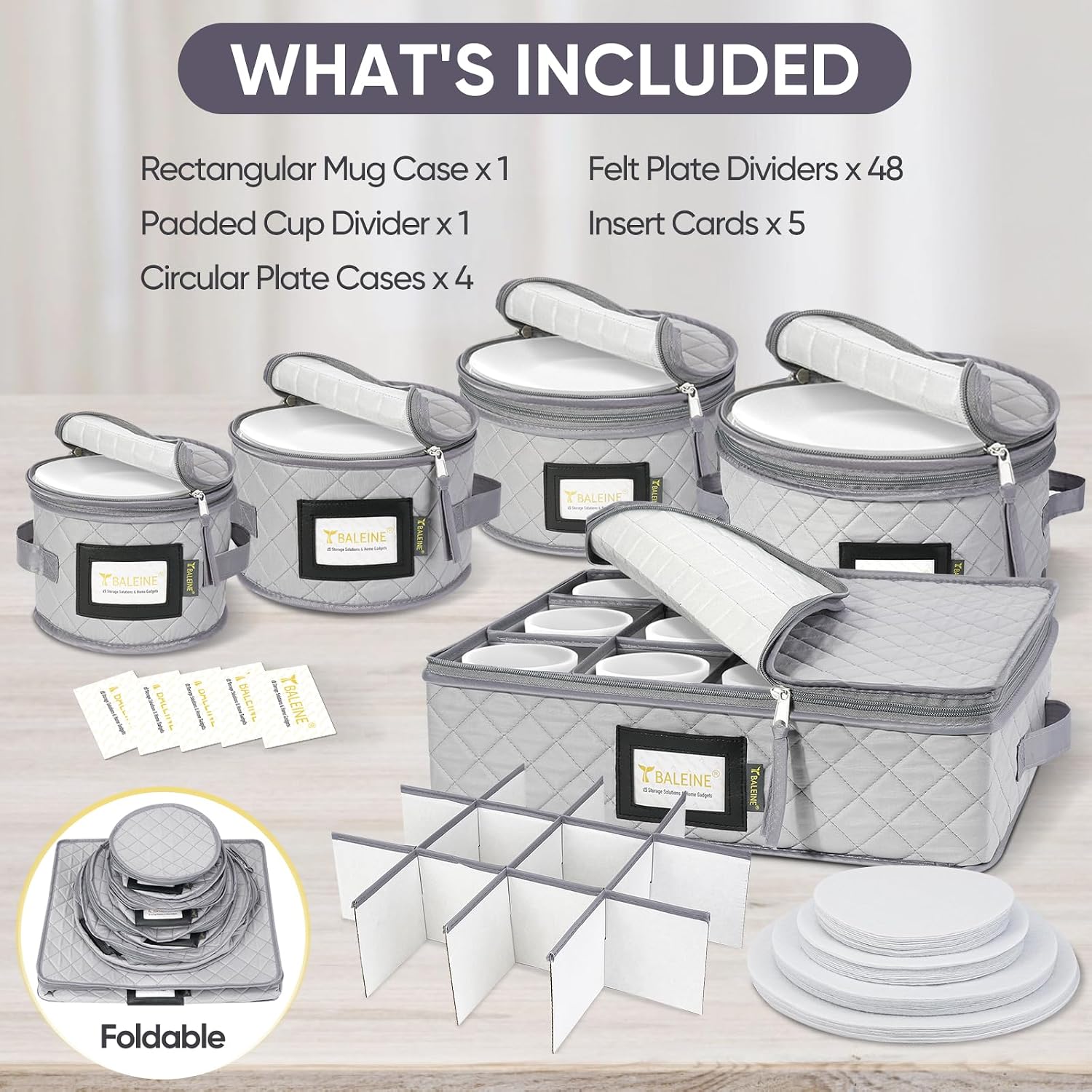 BALEINE China Storage Containers, Sturdy Quilted Wine Glass Storage, Plate Organizer with Carry Handles, Moving Boxes for Dishes, Cups, Mugs and Stemware (Plate Mug Combo, Soft Shell Grey) - Image 3