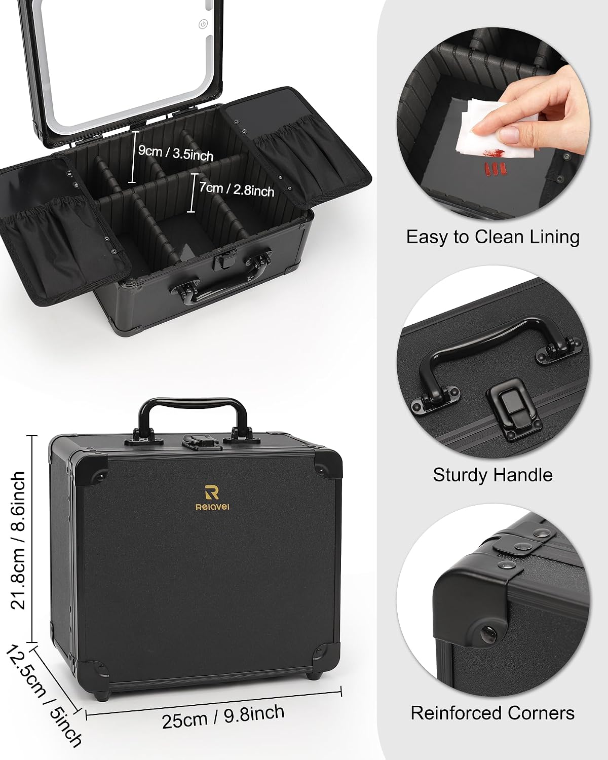 Relavel Makeup Bag with LED Mirror, Makeup Box Travel Train Case with Rechargeable Lighted Mirror & Adjustable Dividers, Cosmetic Brush Organizer Storage for Makeup Artists Gifts for Women and Girls - Image 5