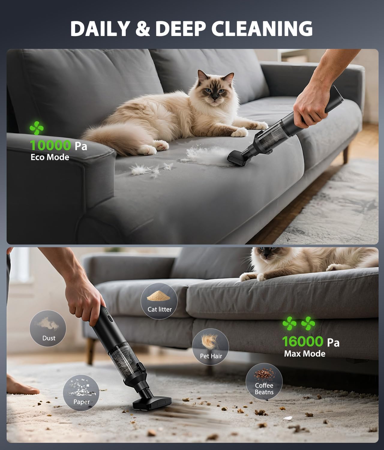 Car Vacuum Portable Cordless Handheld Vacuum Cleaner 4-in-1 Mini Cordless Vacuum with 2 Suction Modes and 16800pa Suction Power Blowing & Inflating 2 Modes Handheld Vacuum for Car, Desk, Keyboards - Image 5
