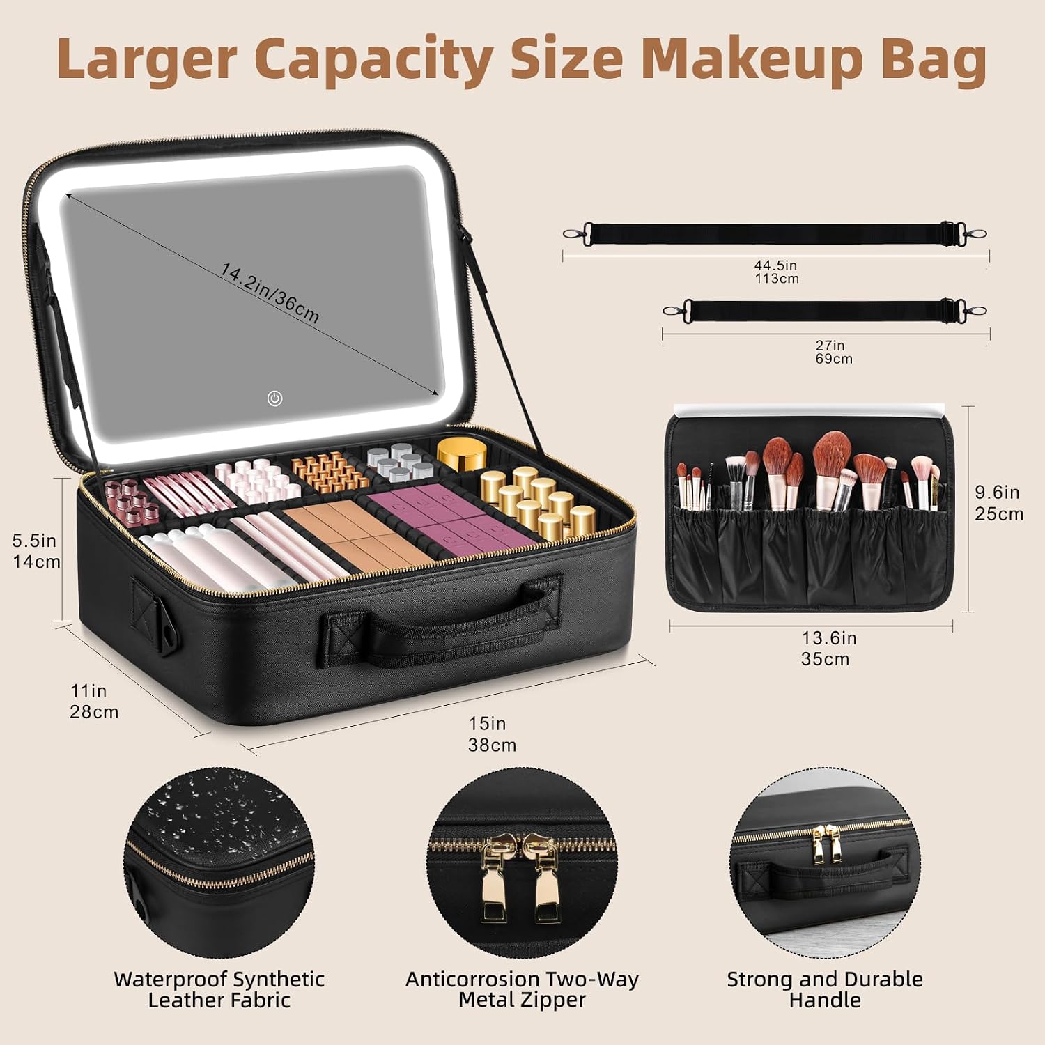 15''X11'' Large Capacity Makeup Bag with LED Mirror, Professional Makeup Case Organizer with 3 Color Light Adjustable Brightness, Travel Make up Cosmetic Case with Detachable Dividers & Shoulder Strap - Image 6