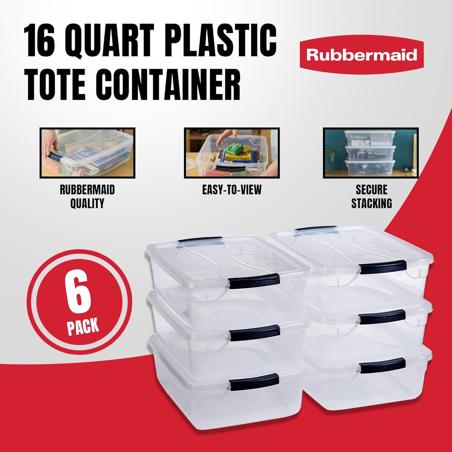 Rubbermaid Cleverstore 17 Quart Clear Latching Waterproof Stackable Airtight Storage Containers with Durable Latching Lids (6 Pack) - Image 3