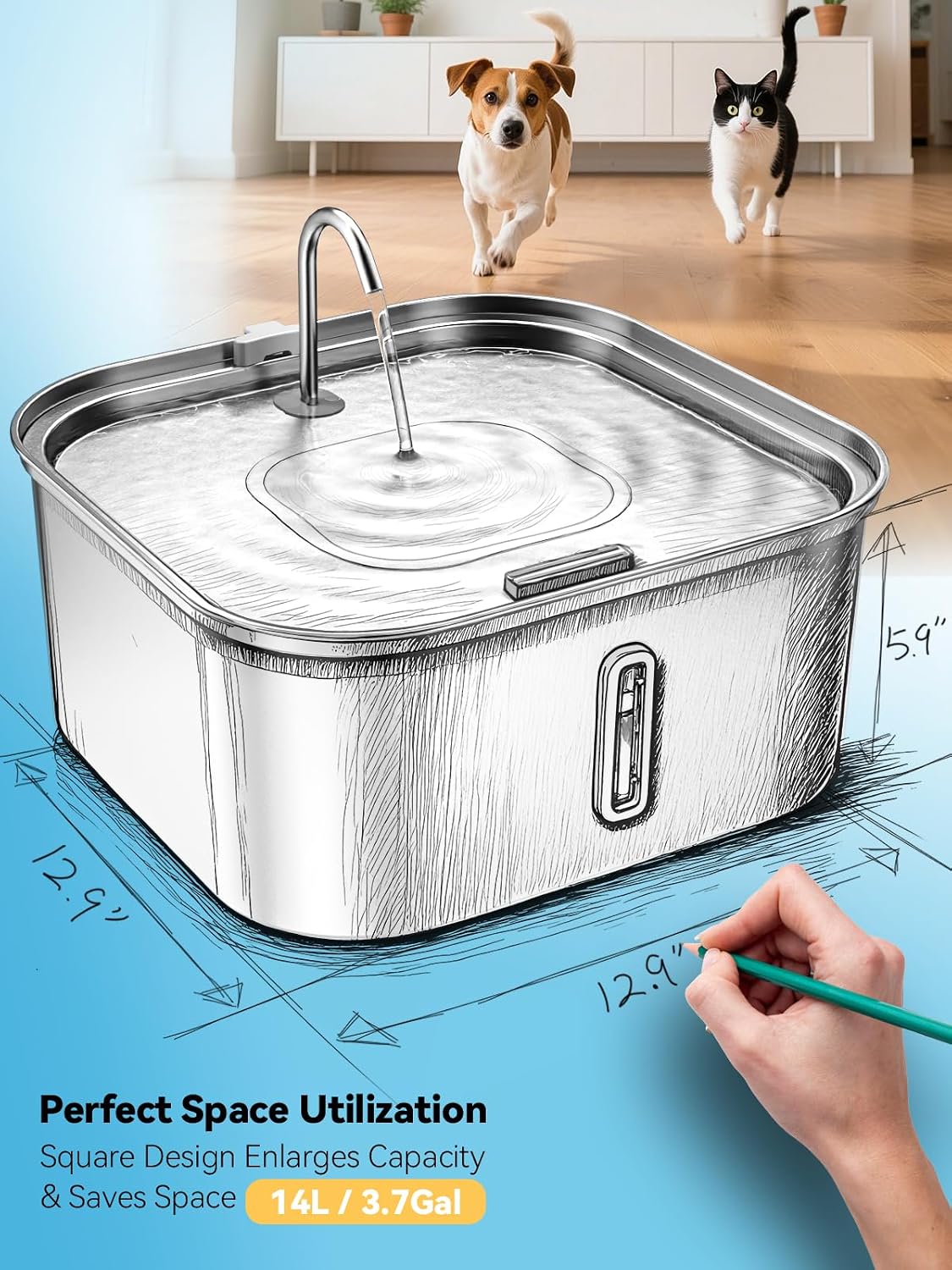 Large Dog Water Fountain 14L/3.7Gal, Stainless Steel Pet Fountain for Large Dogs and Multi-Pets Families, with Visible Window & Extra Wide Drinking Area, Square Design Enlarges Capacity & Saves Space - Image 3