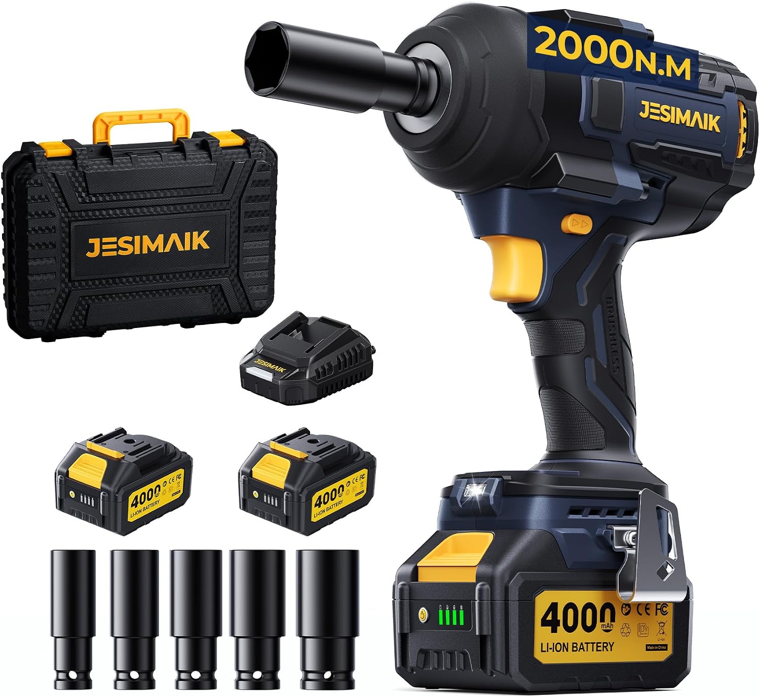 JESIMAIK Cordless Impact Wrench, 1475Ft-lbs (2000N.m) 1/2" Brushless High Torque Impact Wrench with 2×4.0Ah Batteries, Impact Gun with 4 Impact Modes & 5 Sockets for Truck RV Car Heavy Construction