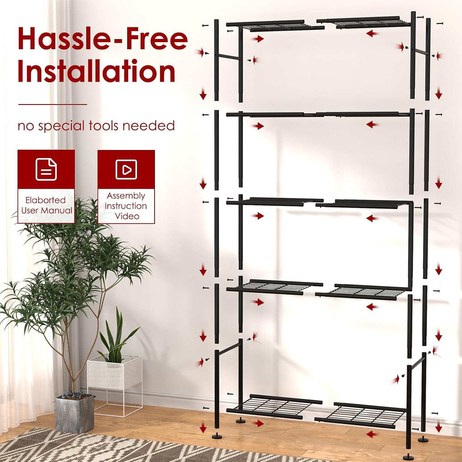 Sakugi Storage Shelves - 5 Tier Shelf Organizer, Heavy Duty Garage Shelving Unit with Leveling Feet, Stable Metal Shelves Organizer for Pantry, Kitchen and Closet, 33.0" W x 12.6" D x 72.0" H, Black - Image 7