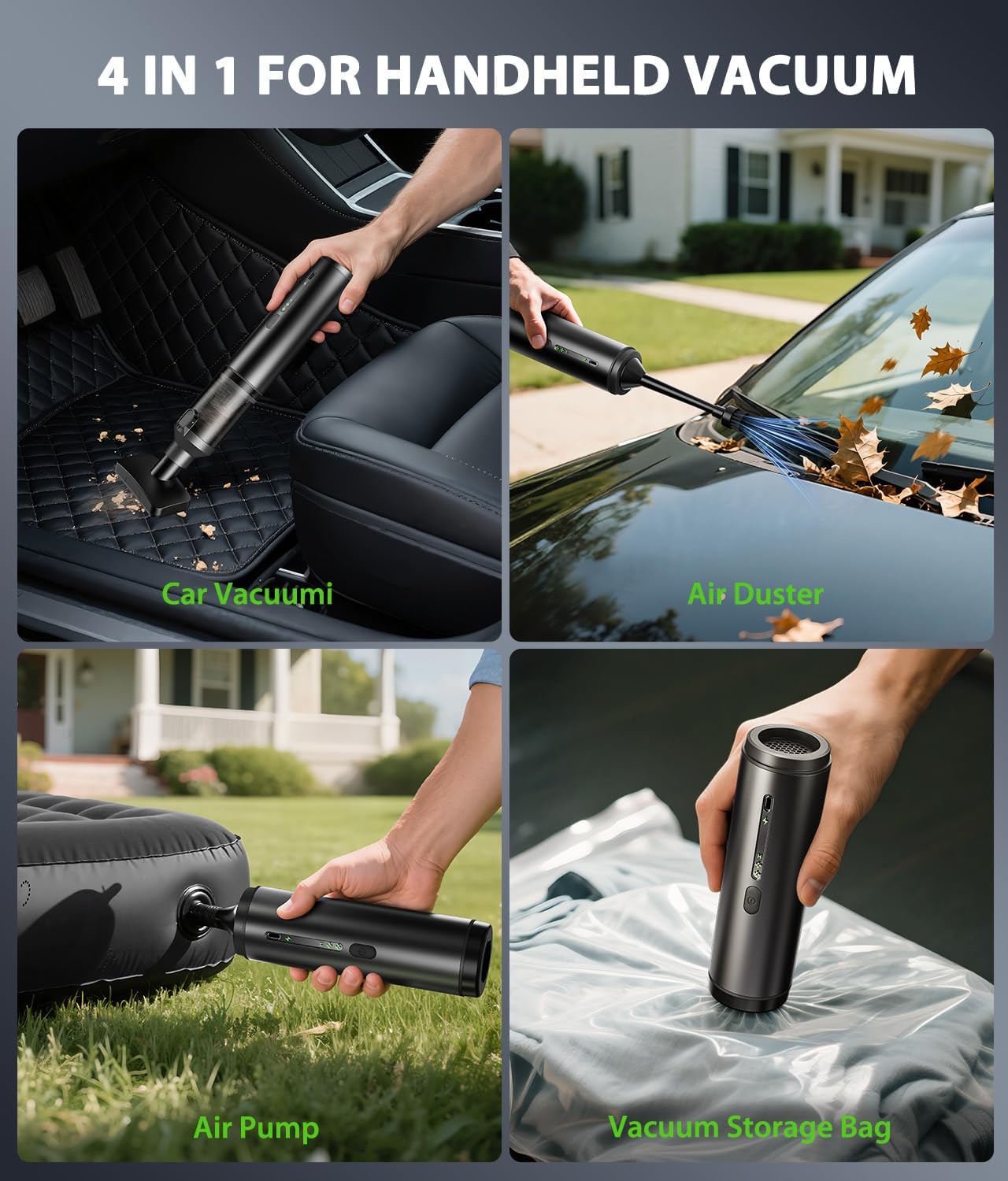 Car Vacuum Portable Cordless Handheld Vacuum Cleaner 4-in-1 Mini Cordless Vacuum with 2 Suction Modes and 16800pa Suction Power Blowing & Inflating 2 Modes Handheld Vacuum for Car, Desk, Keyboards - Image 2
