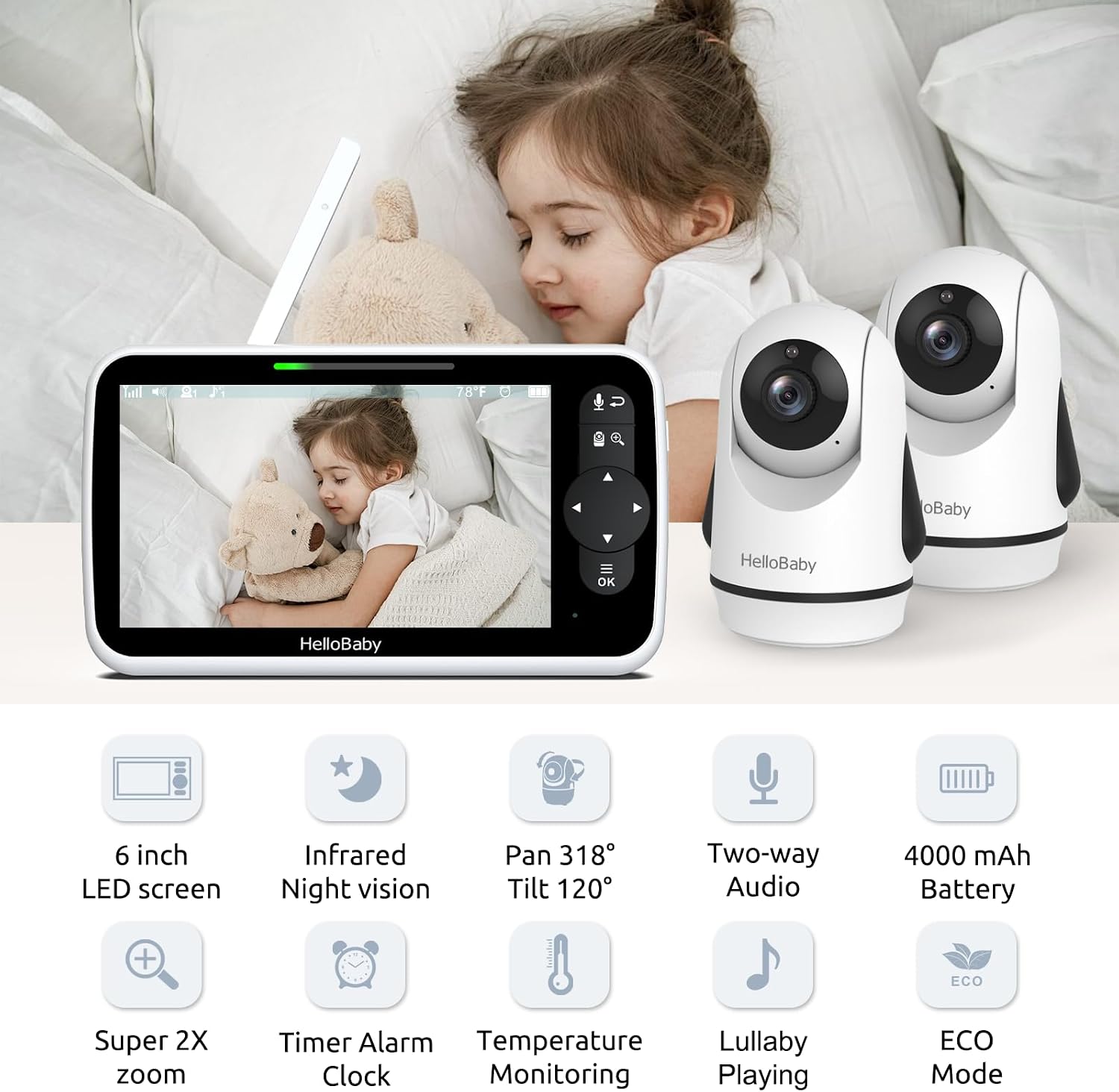 HelloBaby 6" Split Screen Video Baby Monitor with 2 Cameras, No WiFi - Image 2