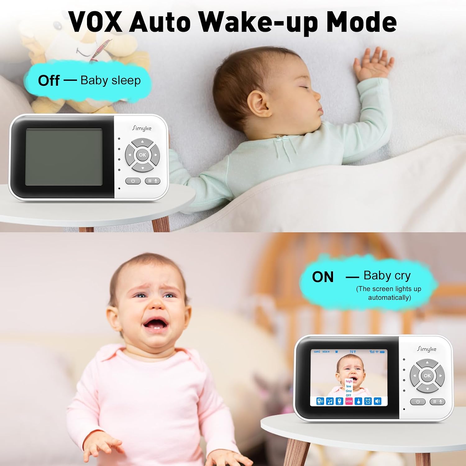 Simyke Upgrade Video Baby Monitor with 2 Cameras and Audio 2.8" Screen,Night Vision,APP,Wireless,2-Way Talk,1200ft Long Range,Feeding Timer,Temperature Sensor,VOX/ECO,5 Lullabies,Portable,Easy Setup - Image 5