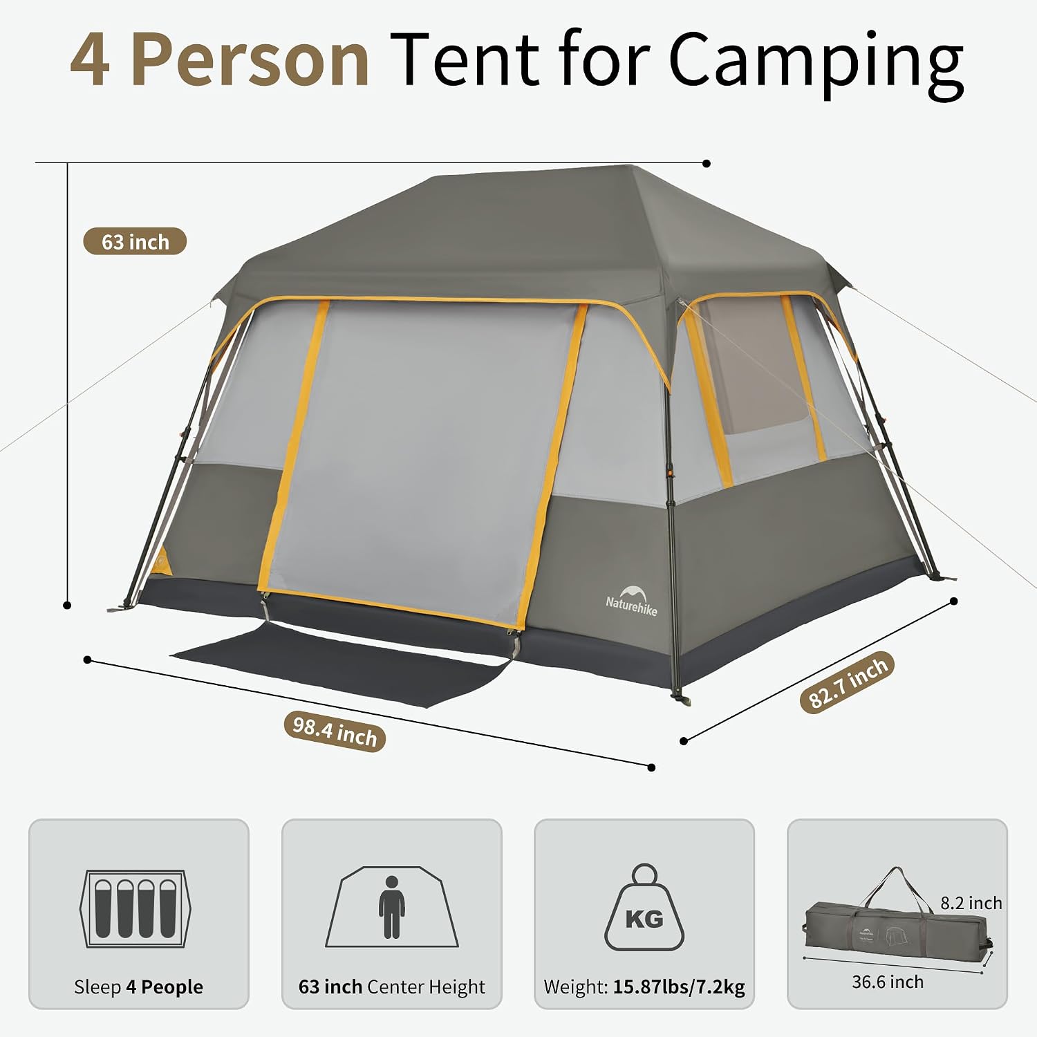 Naturehike Cape 4/6/8 Person Camping Tent, 60S Easy Setup Instant Tent Pop up Tent, Waterproof Large Tall 6/8 Person Tents for Camping, Car Camping - Image 2