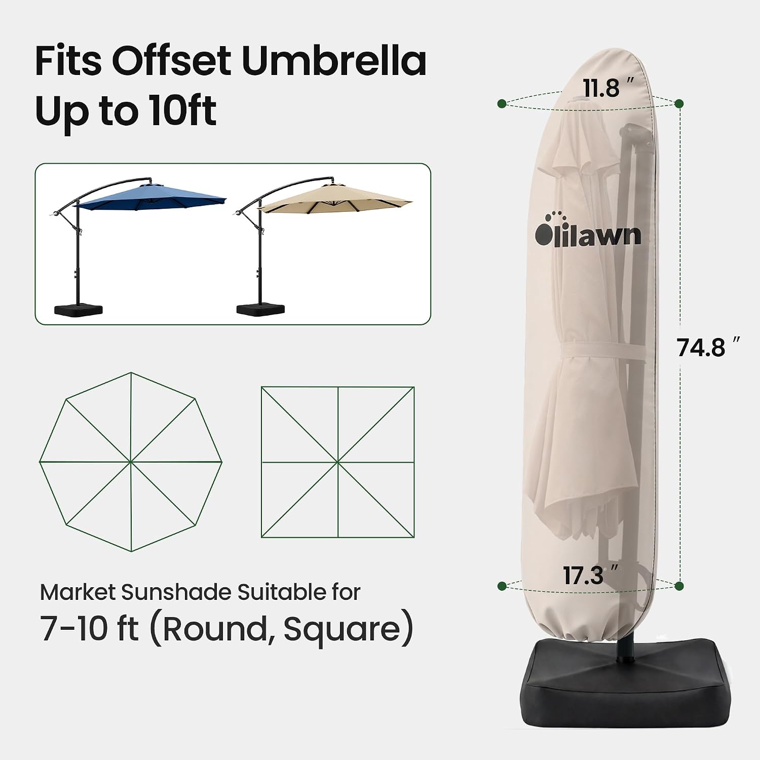 OLILAWN 600D Waterproof Umbrella Cover for 7-10ft Offset Cantilever Umbrellas OL-HT032, UV Resistant Fade Resistant Outdoor Parasol Cover for Patio, Includes Rod and Storage Bag, Beige - Image 4