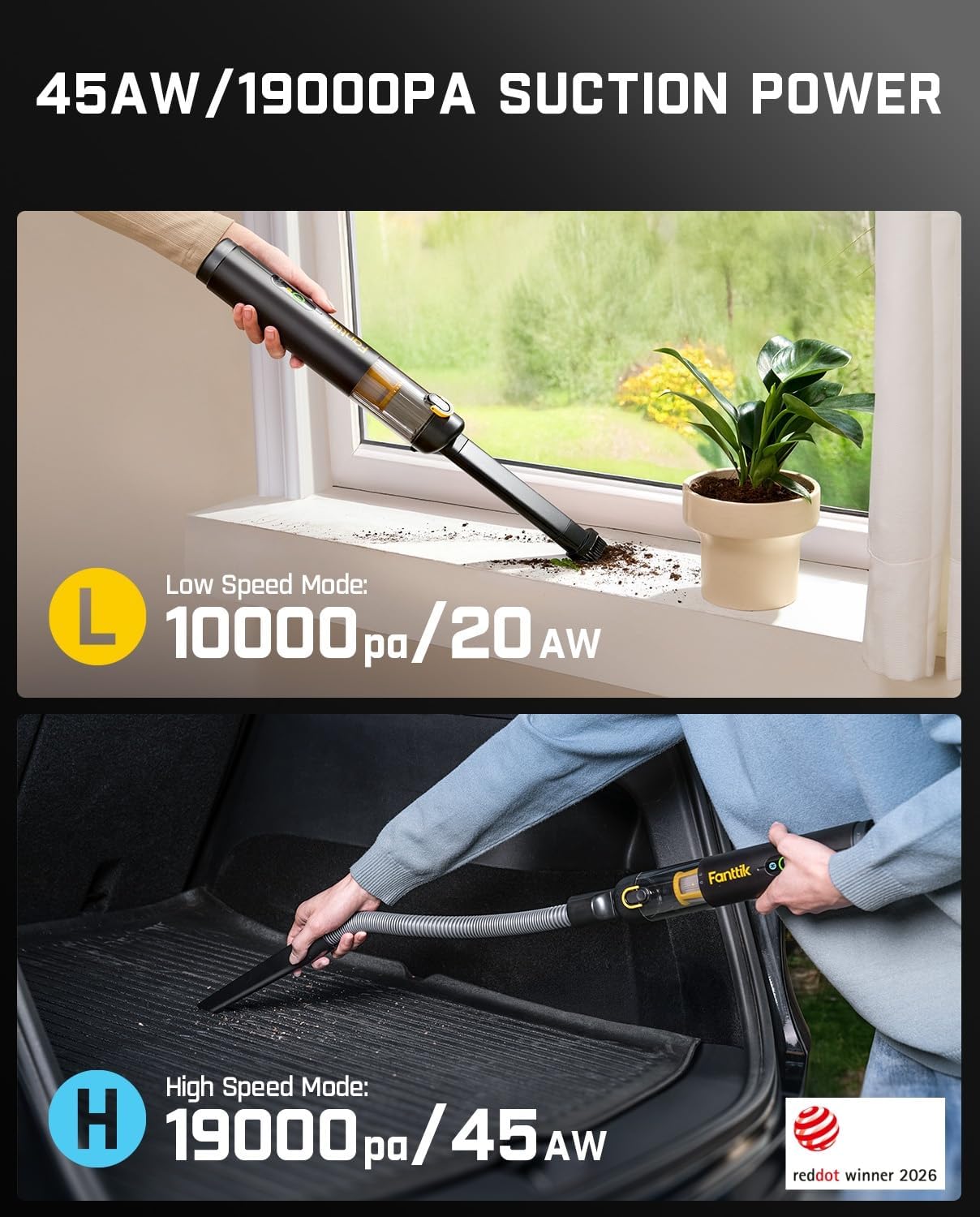 Fanttik Slim V10 APEX Cordless Car Vacuum, 4-in-1 Portable Mini Handheld Vac, Upgraded Smart Digital Display, 19kPa Suction Power, 2 Suction Modes for Small Jobs, Car, Office Desk, Keyboards (Black) - Image 6
