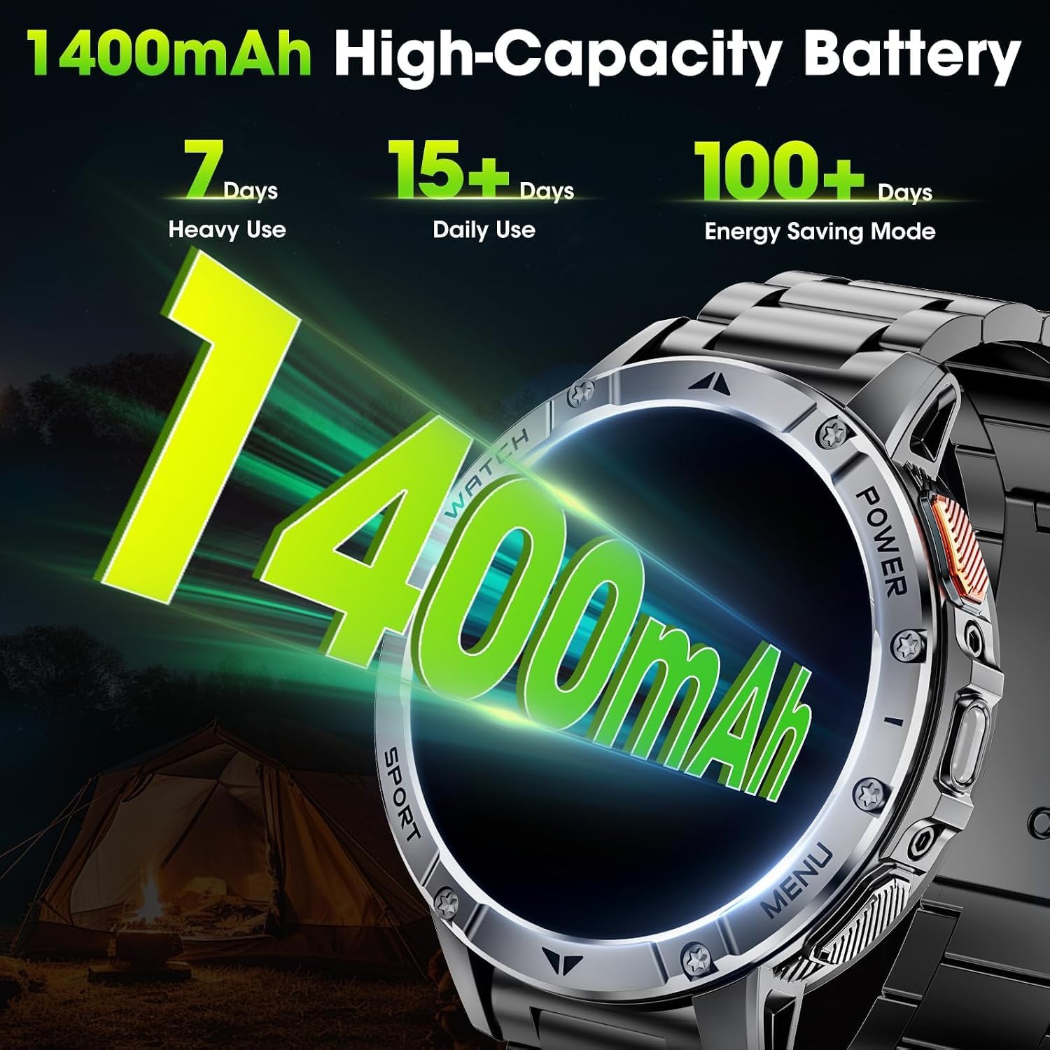 Military Smart Watches for Men, 1.7" HD Smart Watch with Two Flashlights/1400mAh/110+ Sports Modes Fitness Tracker Watch, Waterproof Mens Smart Watch for Android Phones iPhone Compatible(2 Strap) - Image 2